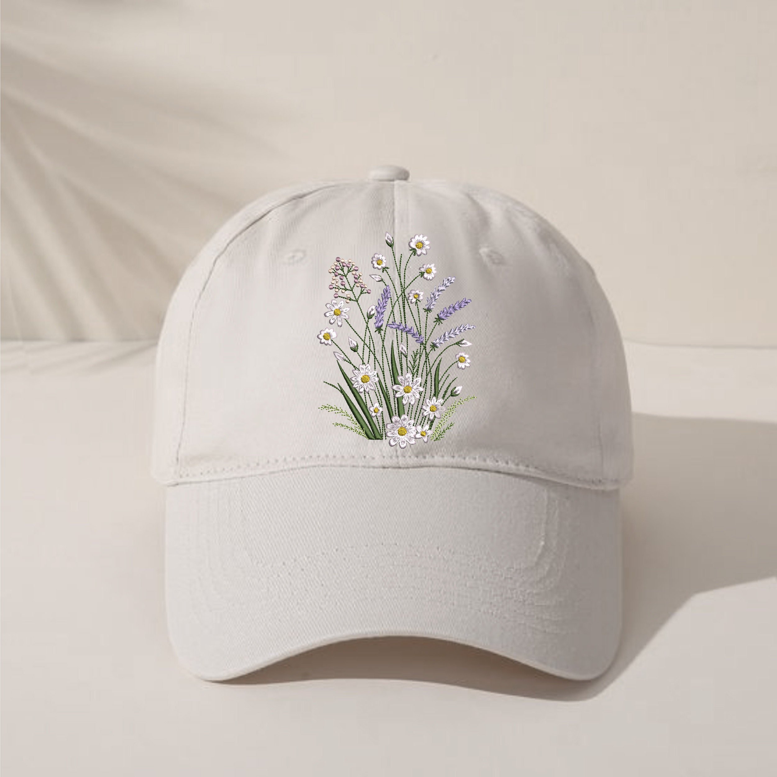 Chamomile and Lavender Flower Machine Embroidery Design embroidered on a hat