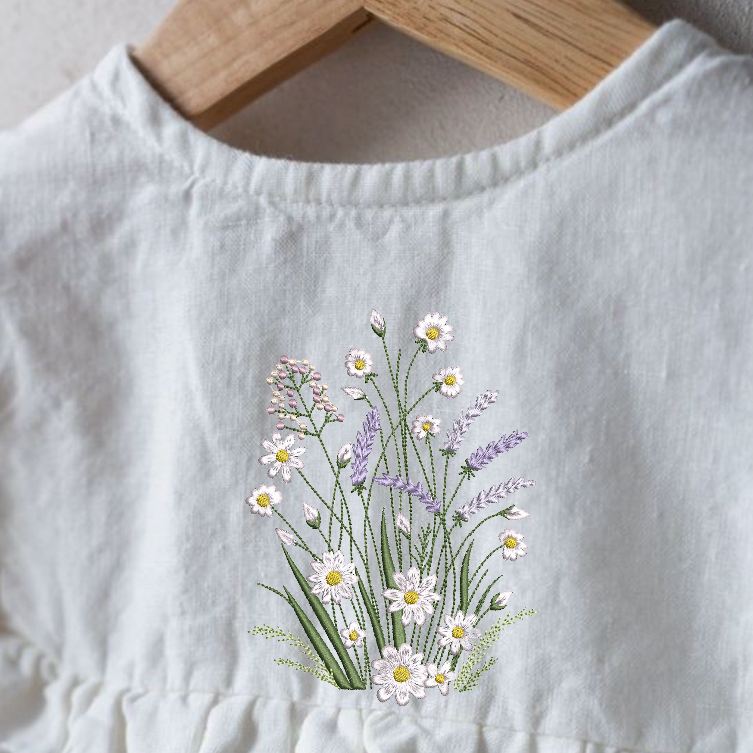 Chamomile and Lavender Flower Machine Embroidery Design embroidered on a blouse
