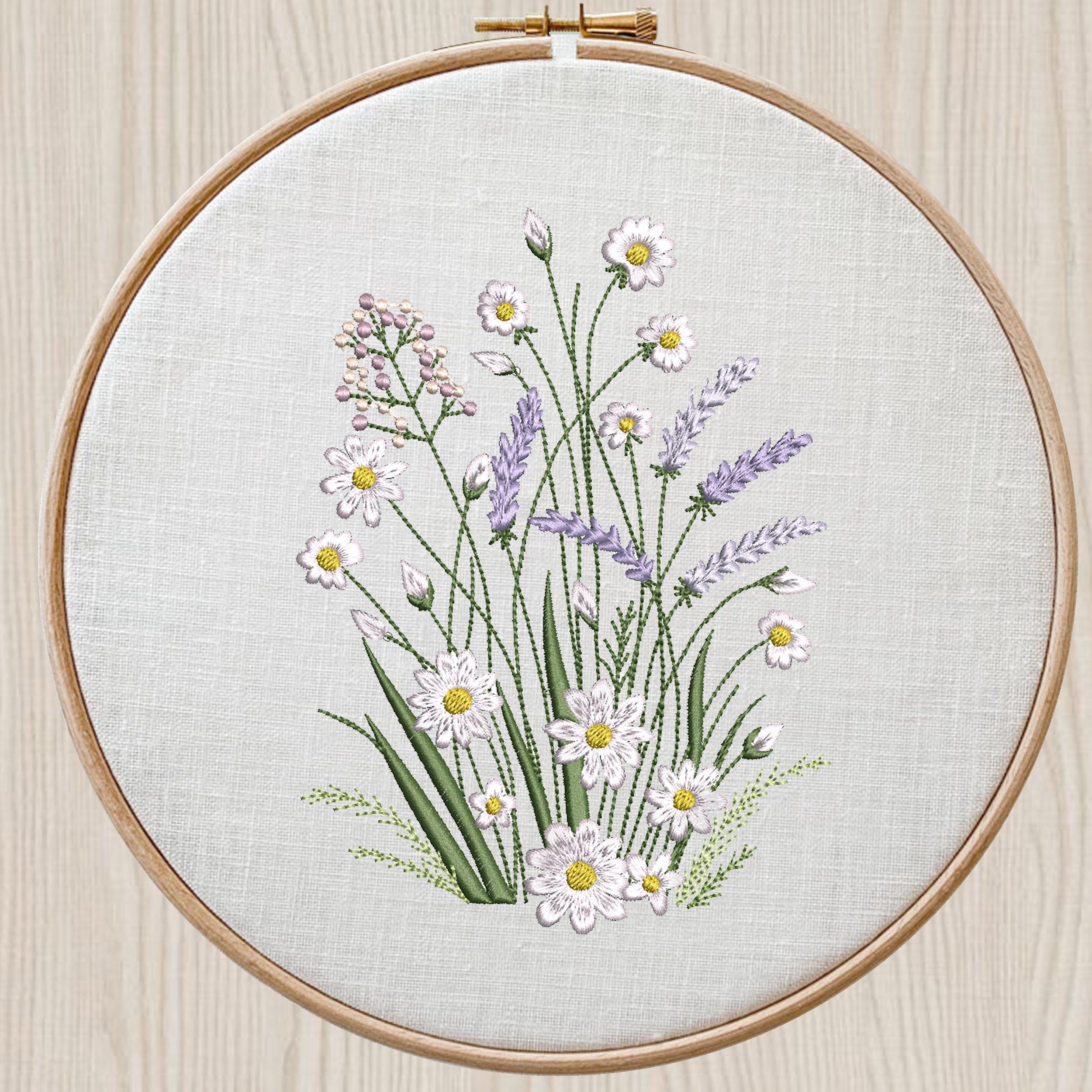 Chamomile and Lavender Flower Machine Embroidery Design embroidered on a hoop