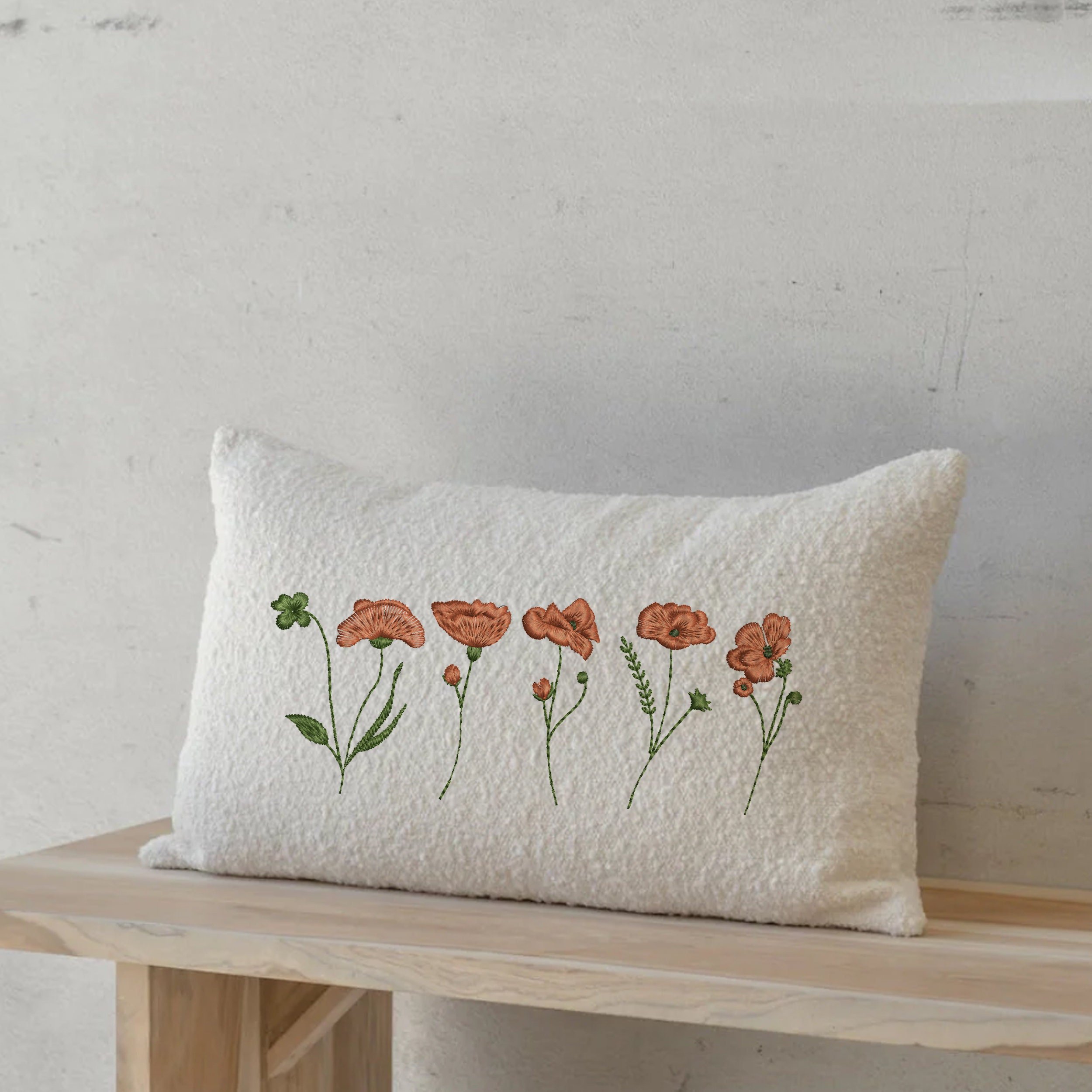 10 Poppy Flowers Machine Embroidery Design embroidered on a pillow