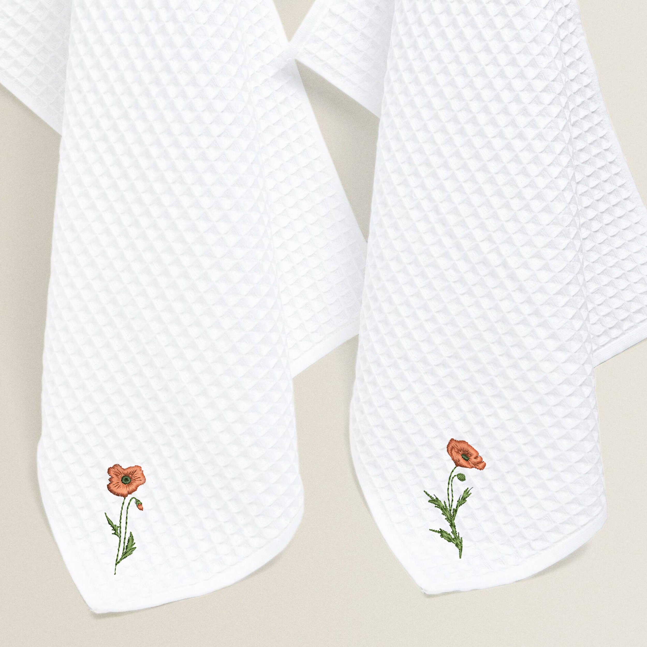 10 Poppy Flowers Machine Embroidery Design embroidered on a kitchen waffle towel