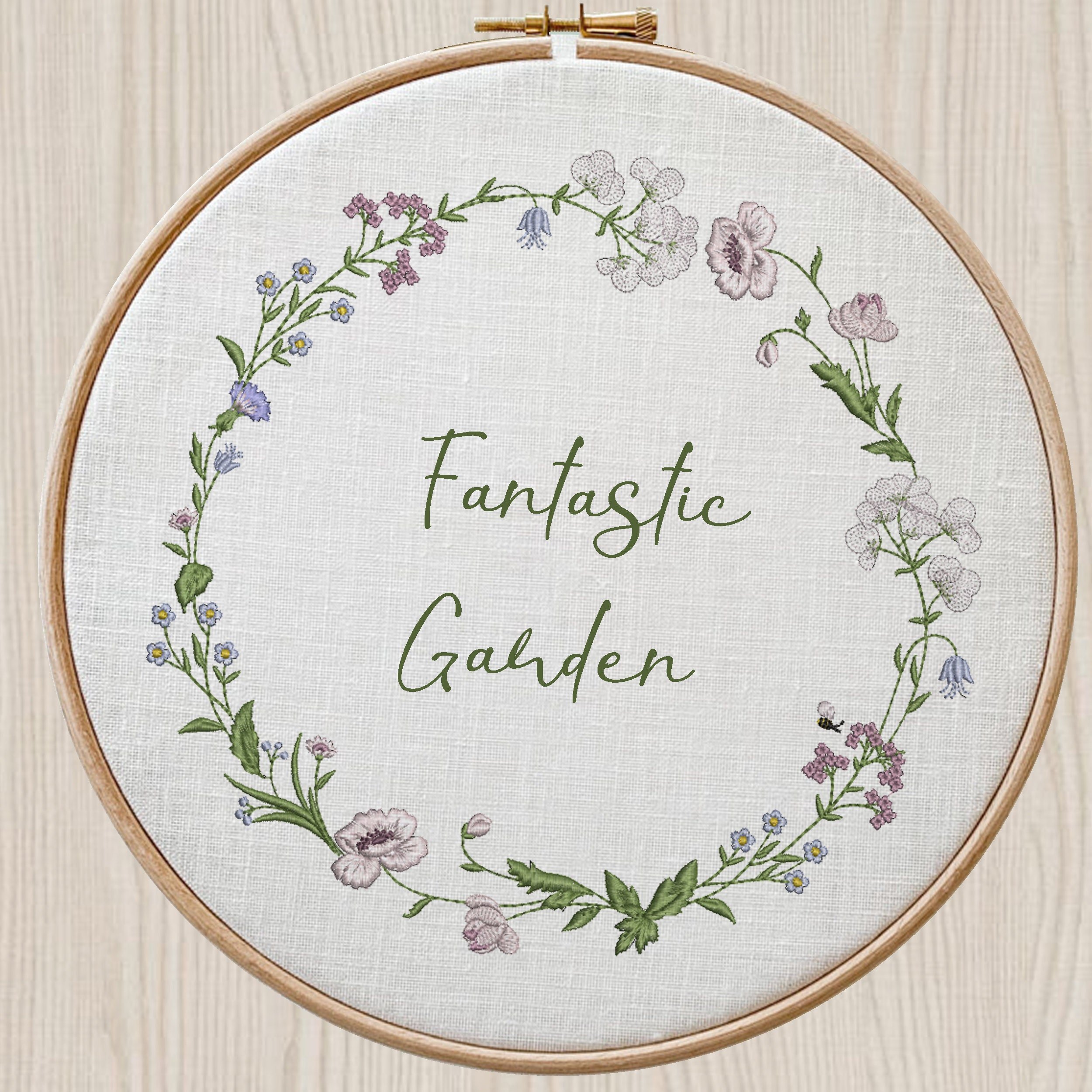 Fantastic Garden Wreath Border Corner Machine Embroidery Design embroidered on a hoop