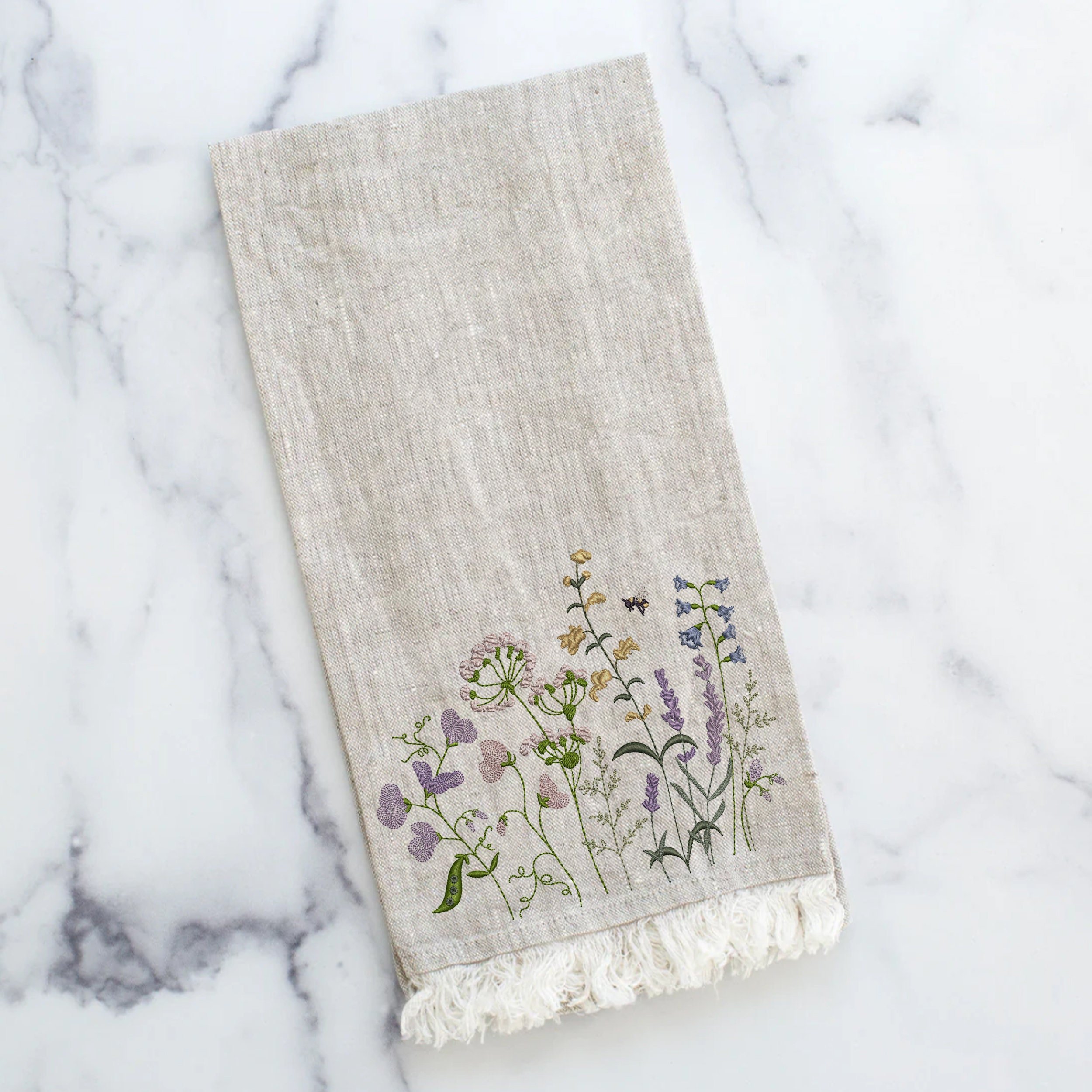 Sweet Pea Flower Meadow Machine Embroidery Design embroidered on a towel