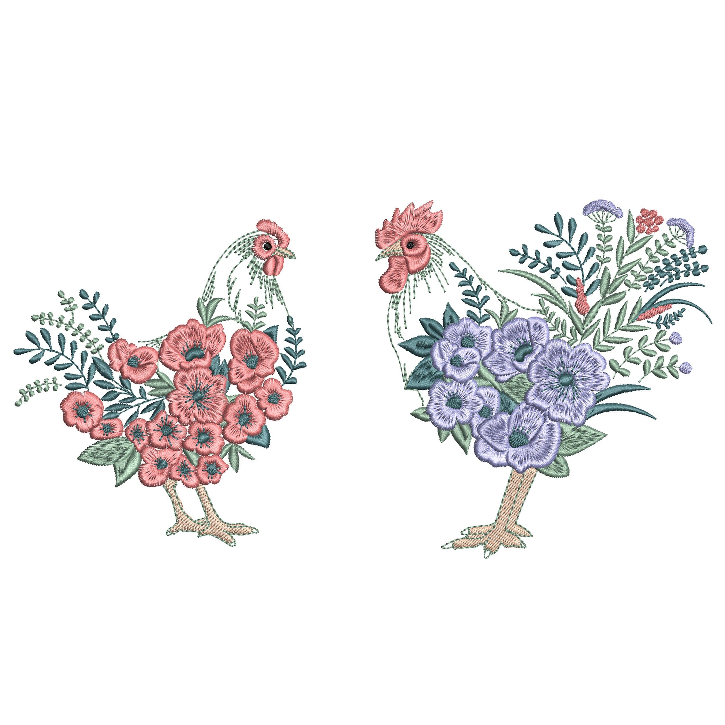 Easter Floral Hen and Rooster Machine Embroidery Design File