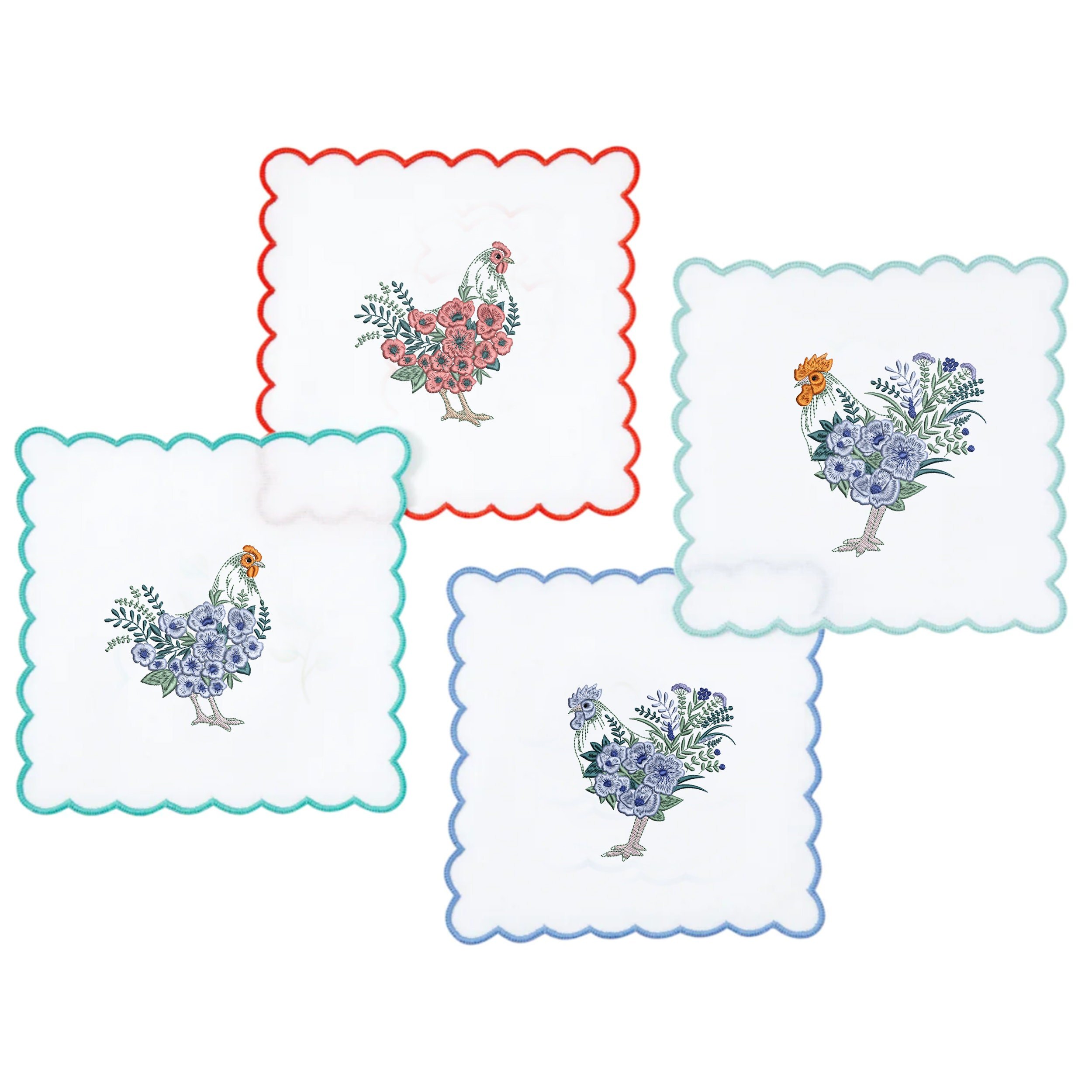 Easter Floral Hen and Rooster Machine Embroidery Design File embroidered on kitchen napkin