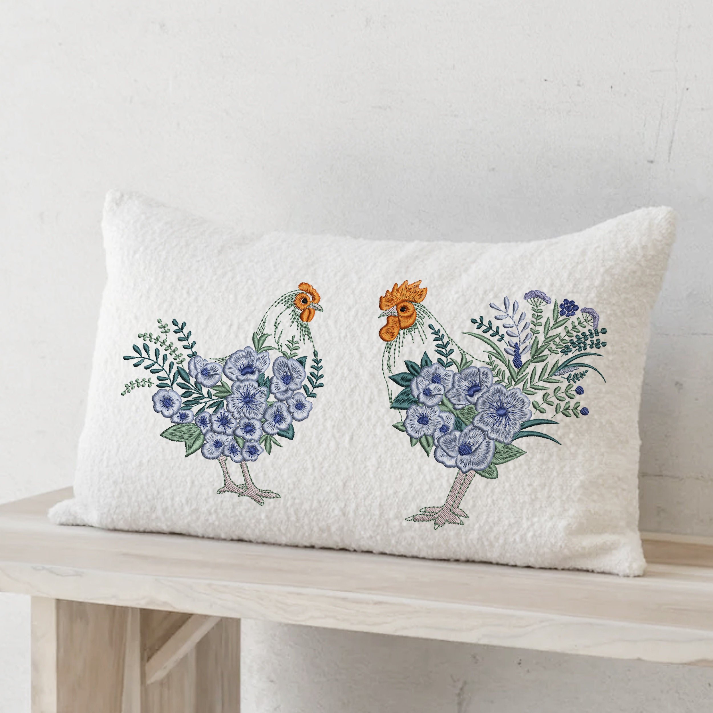 Easter Floral Hen and Rooster Machine Embroidery Design File embroidered on canvas pillow
