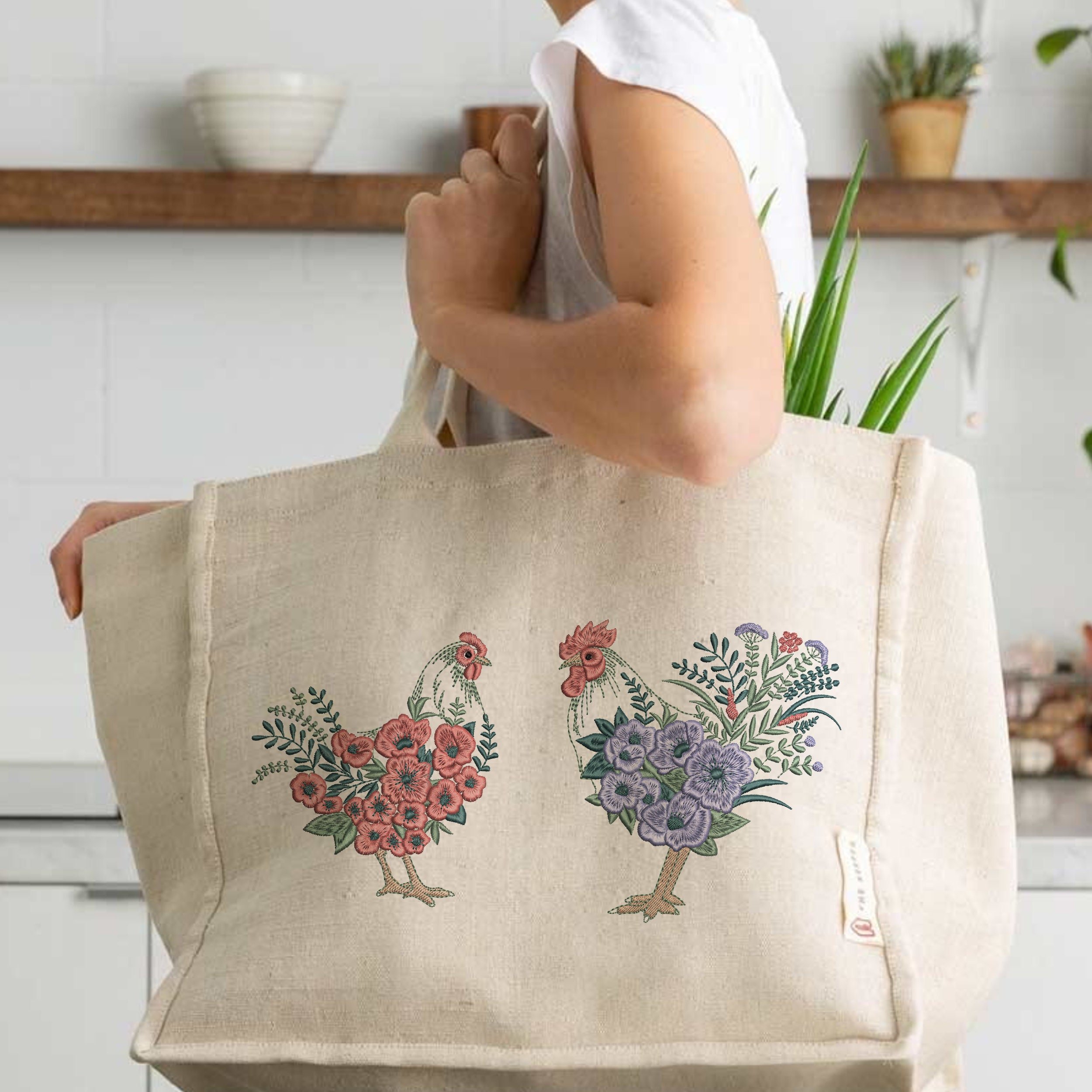 Easter Floral Hen and Rooster Machine Embroidery Design File embroidered on a shopping bag