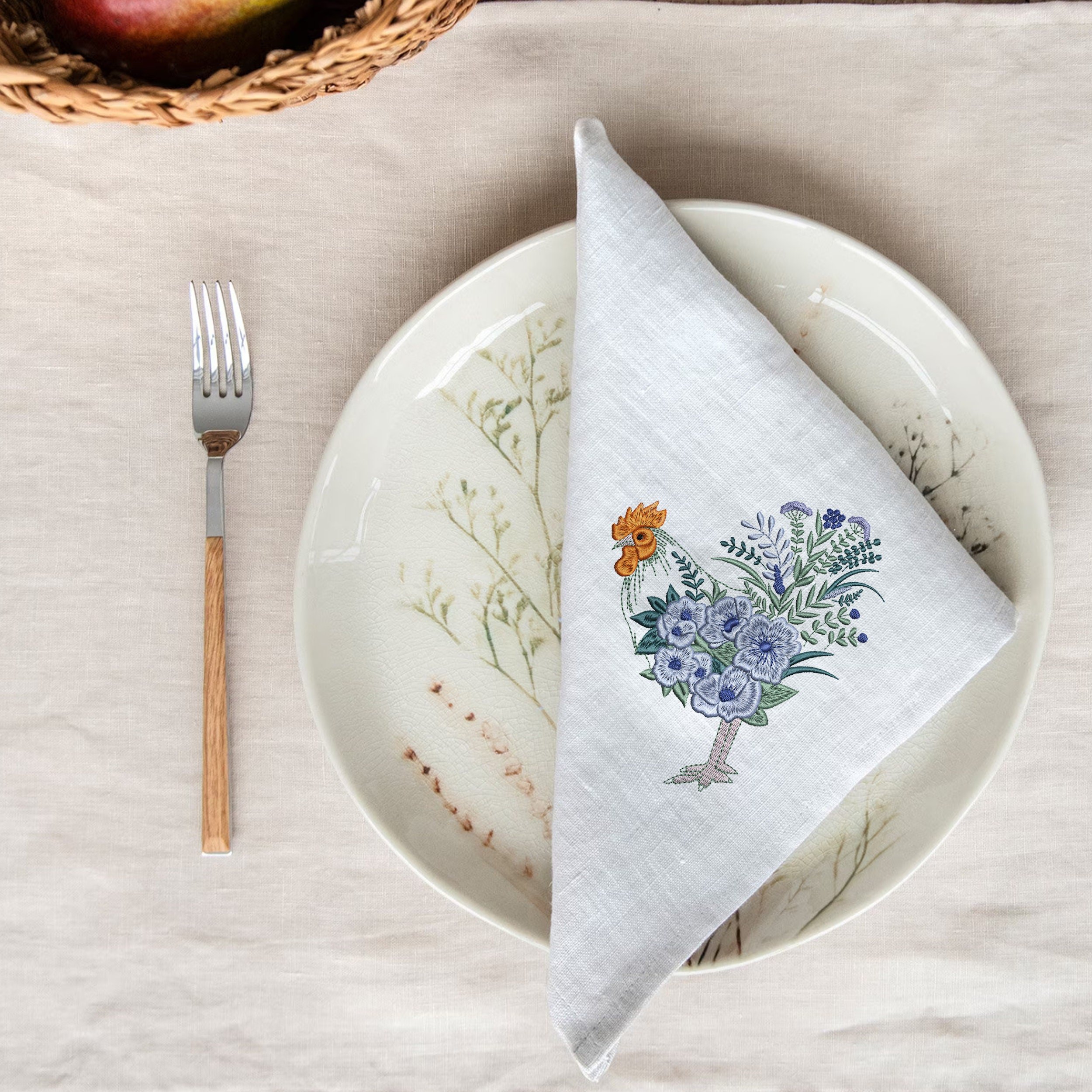 Easter Floral Hen and Rooster Machine Embroidery Design File embroidered on kitchen napkin