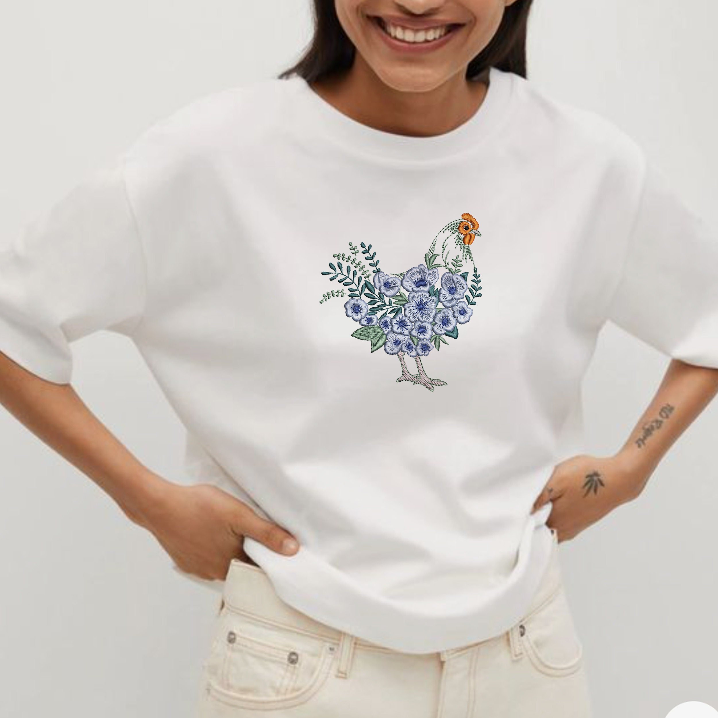 Easter Floral Hen and Rooster Machine Embroidery Design File embroidered on white t-shirt