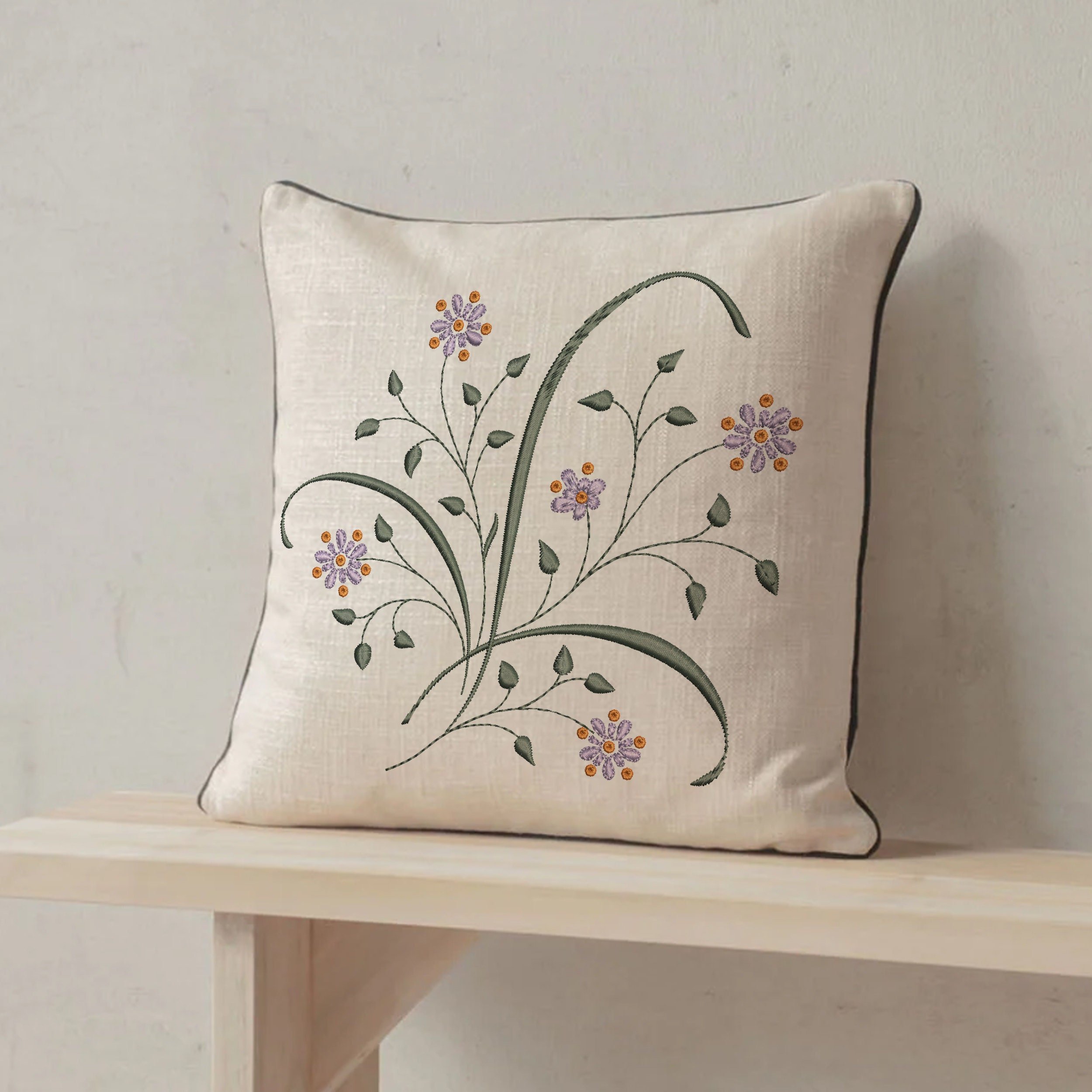 Fairytale Garden Flower Motif Machine Embroidery Design Digital File embroidered on a pillow