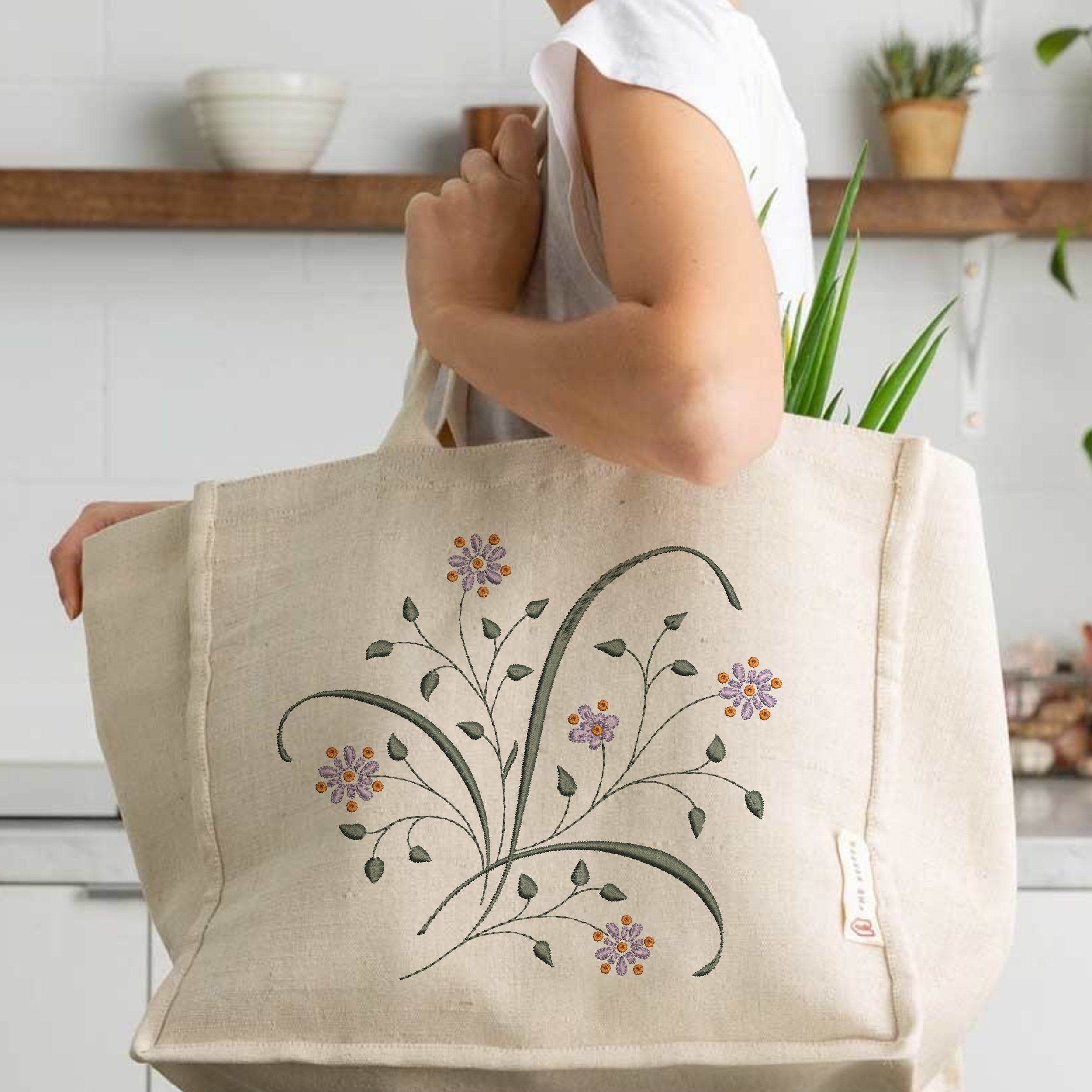 Fairytale Garden Flower Motif Machine Embroidery Design Digital File embroidered on a handbag