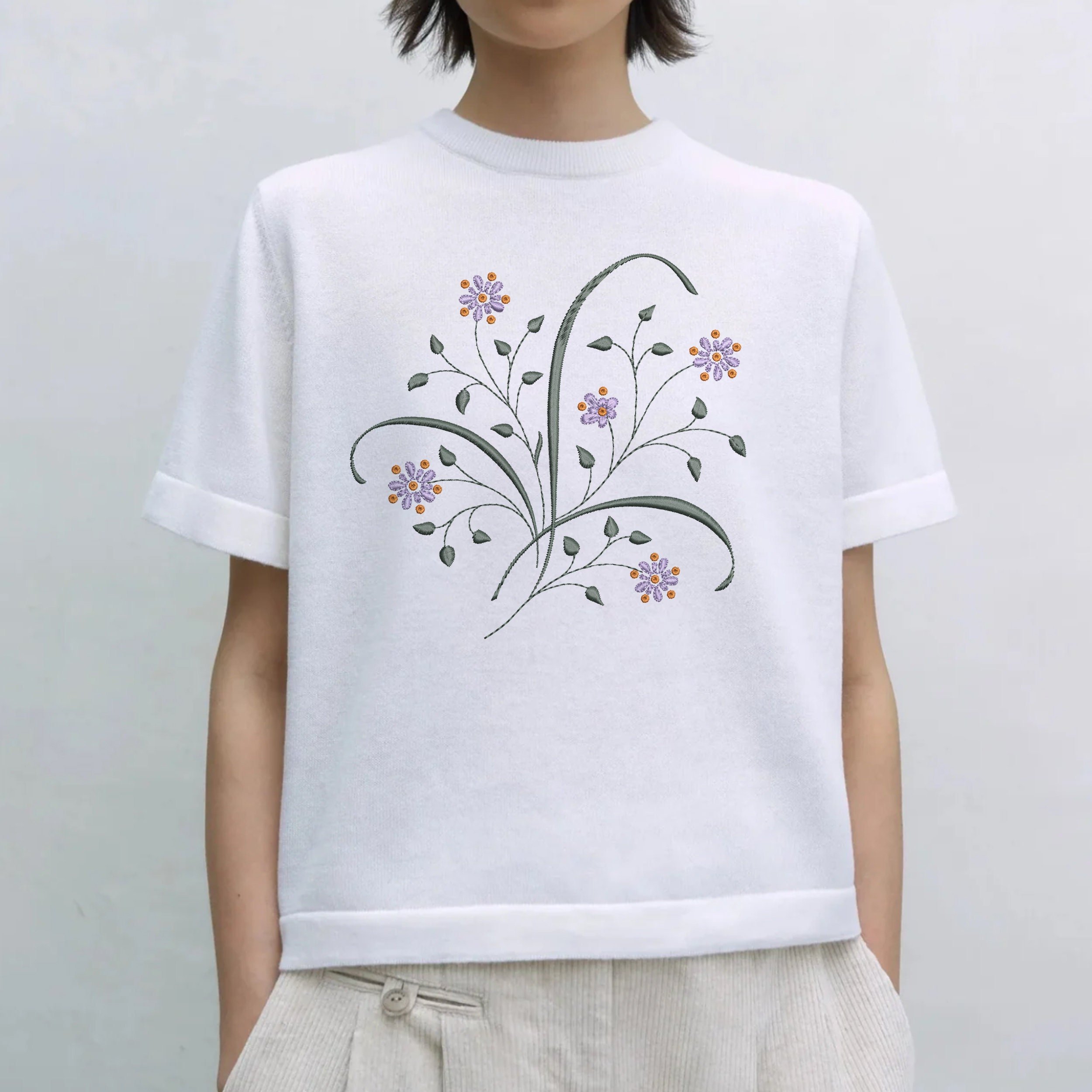 Fairytale Garden Flower Motif Machine Embroidery Design Digital File embroidered on a t-shirt