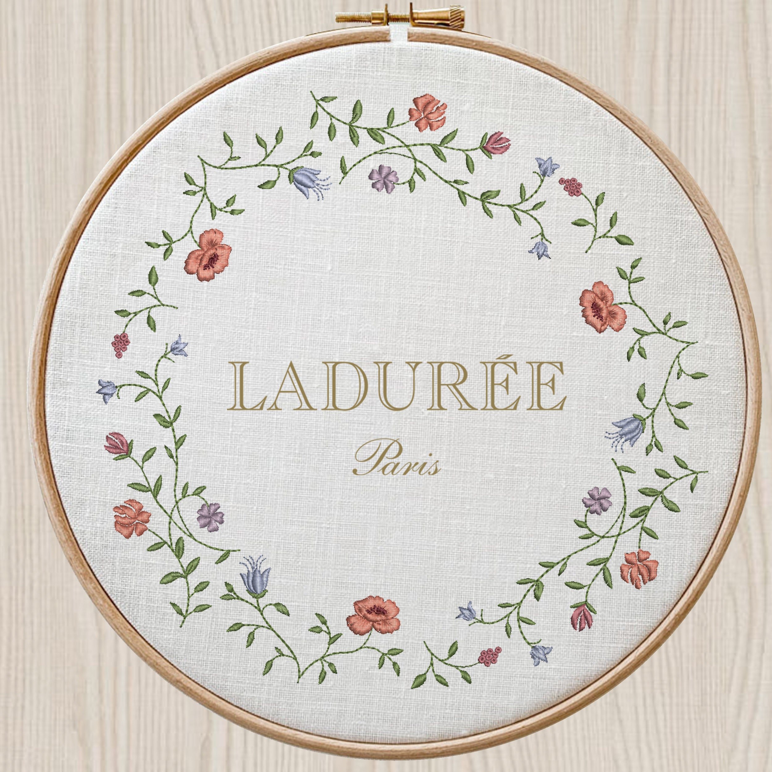 Summer Chintz Floral Wreath Border and Corner Machine Embroidery Design File embroidered on a hoop