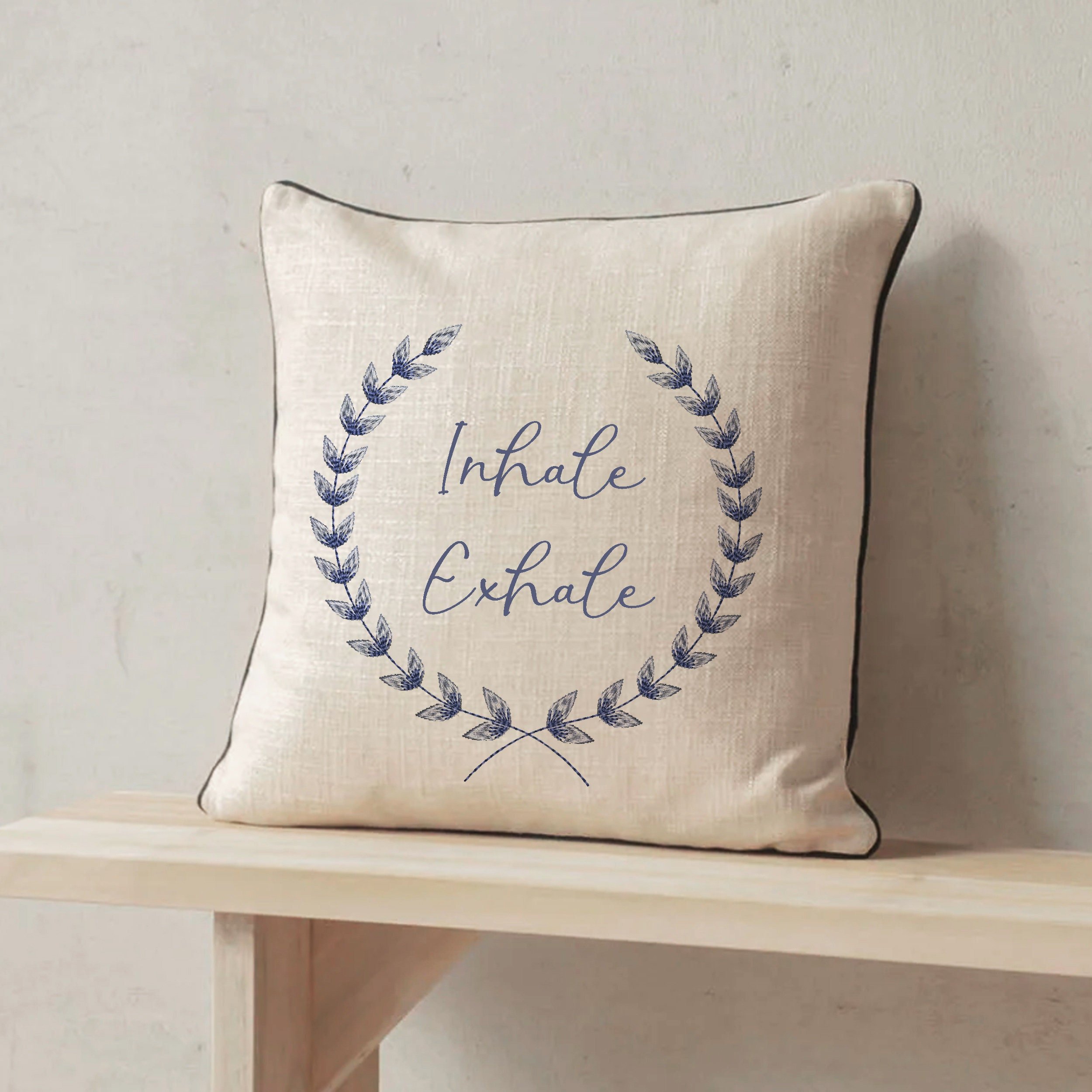 Monogram Wedding Blue and White Crest Wreath and Border Machine Embroidery Design embroidered on a pillow
