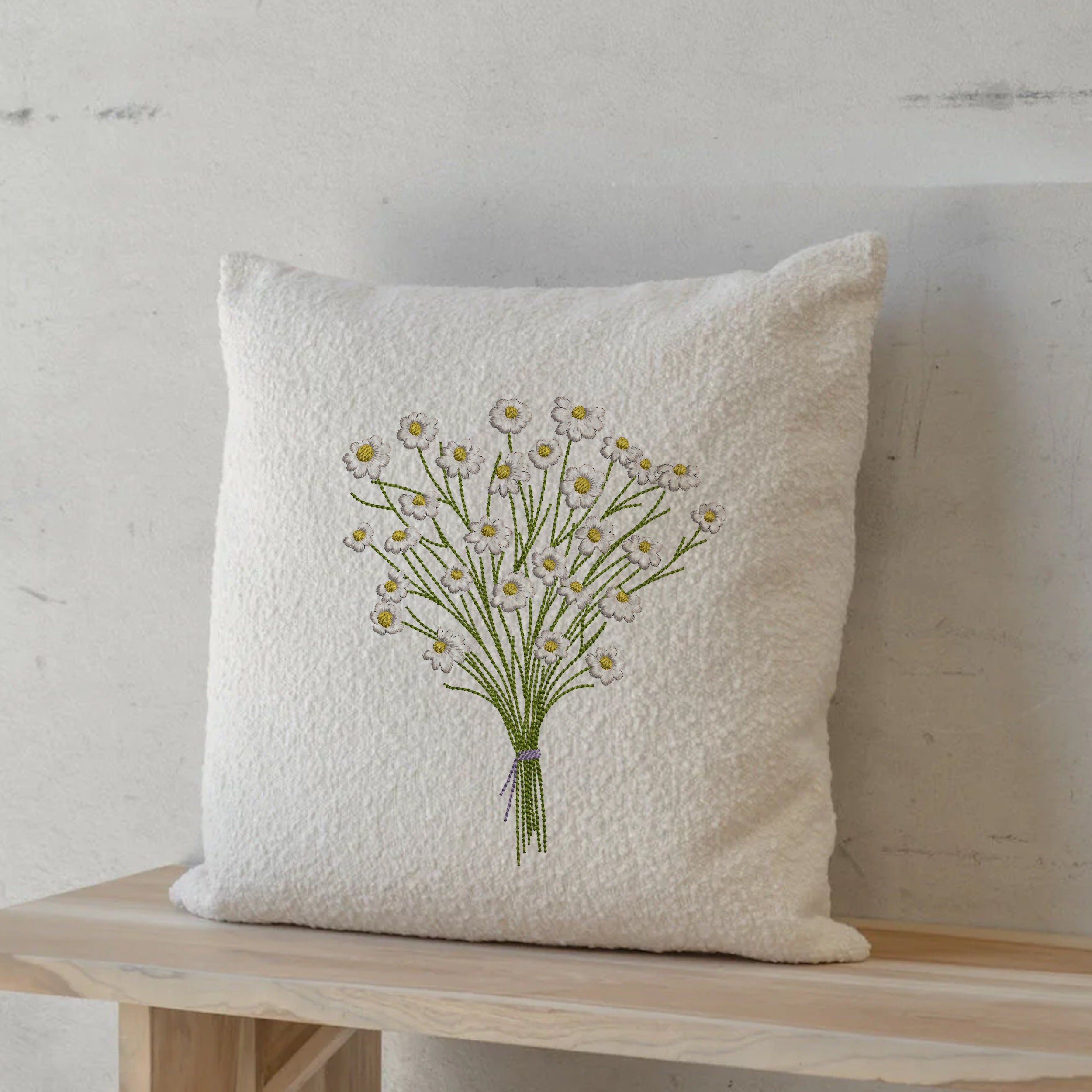 Chamomile Flower Bouquet Machine Embroidery Design File embroidered on a pillow