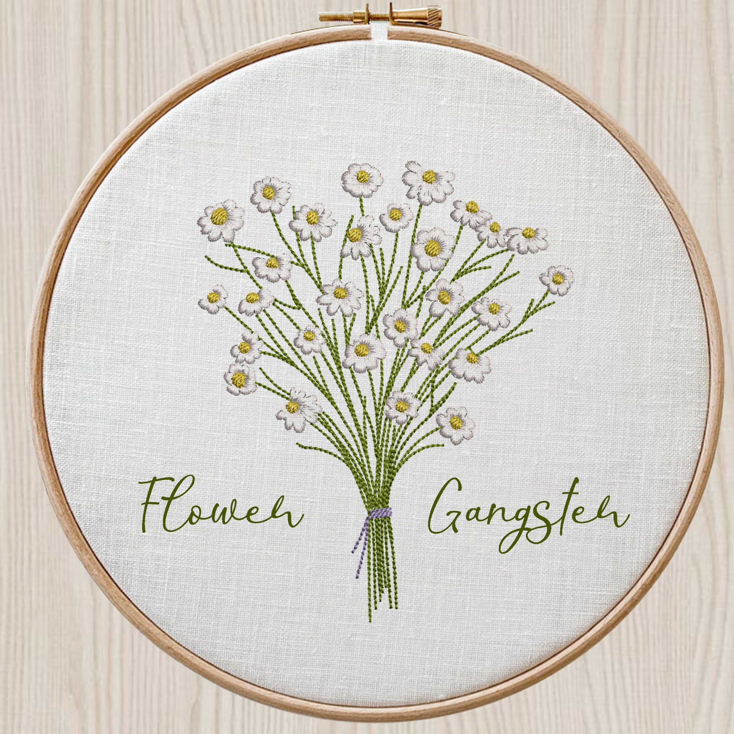 Chamomile Flower Bouquet Machine Embroidery Design File embroidered on a hoop