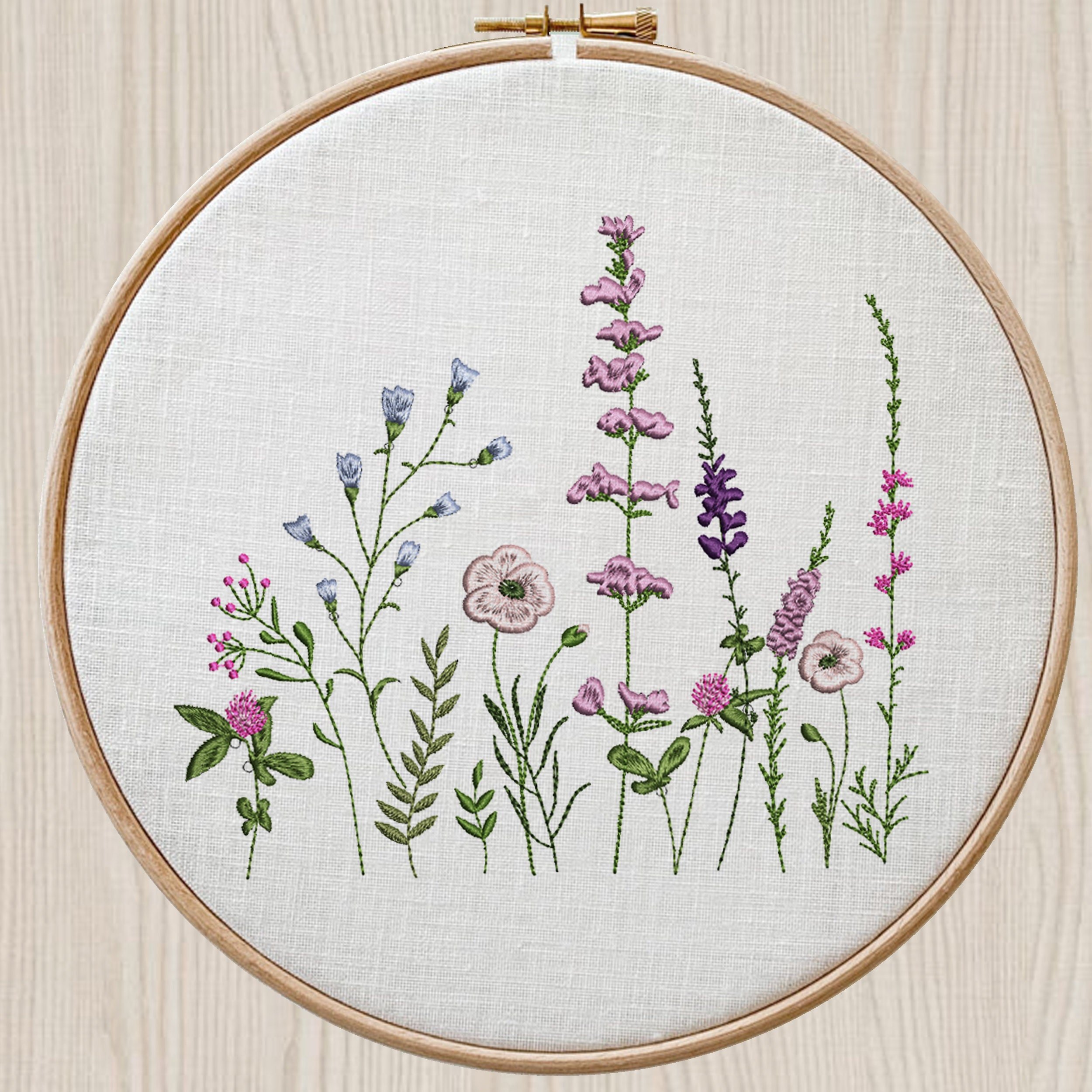 Sweet Meadow Machine Embroidery Design File embroidered on a hoop