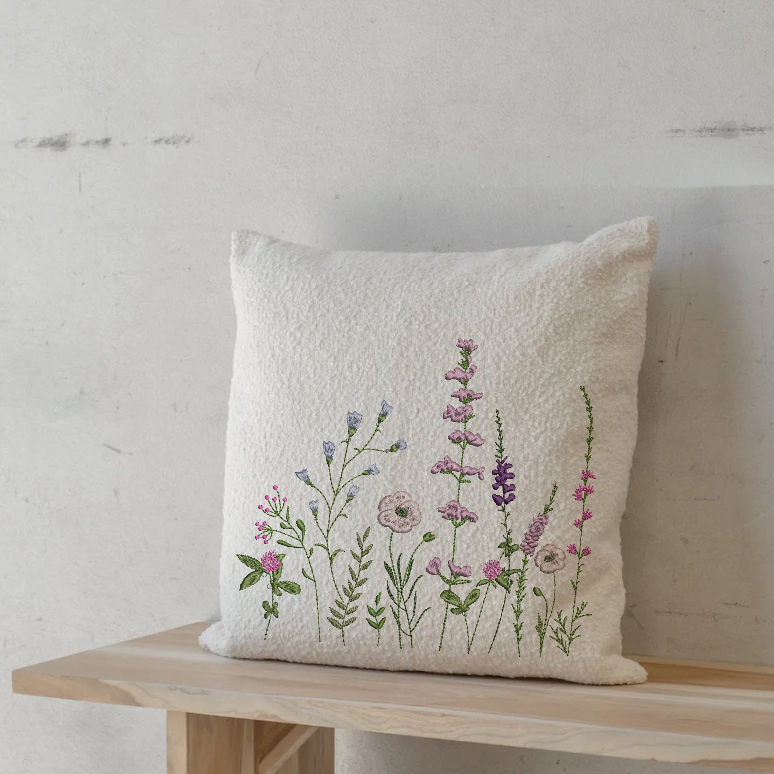 Sweet Meadow Machine Embroidery Design File embroidered on a pillow