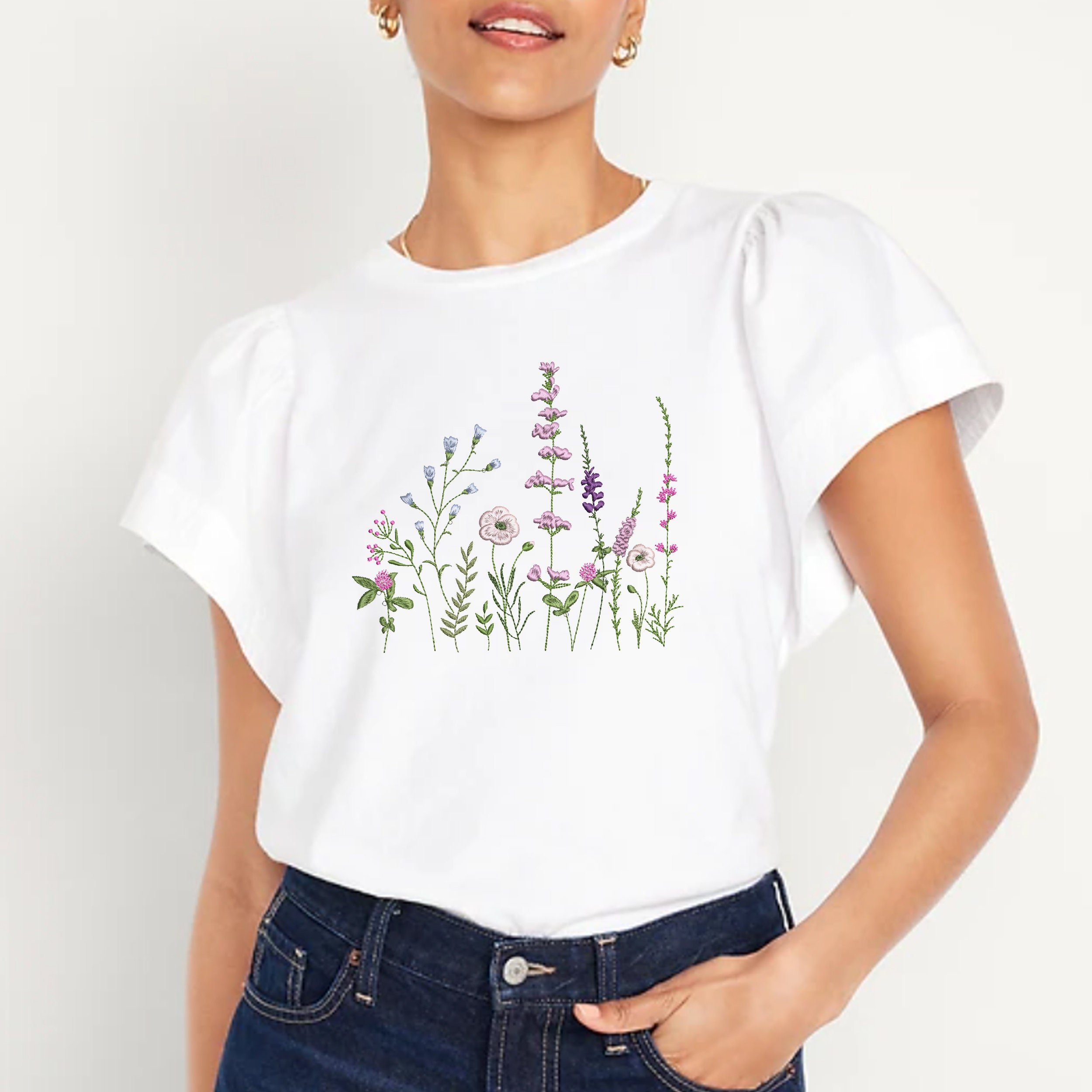 Sweet Meadow Machine Embroidery Design File embroidered on a blouse