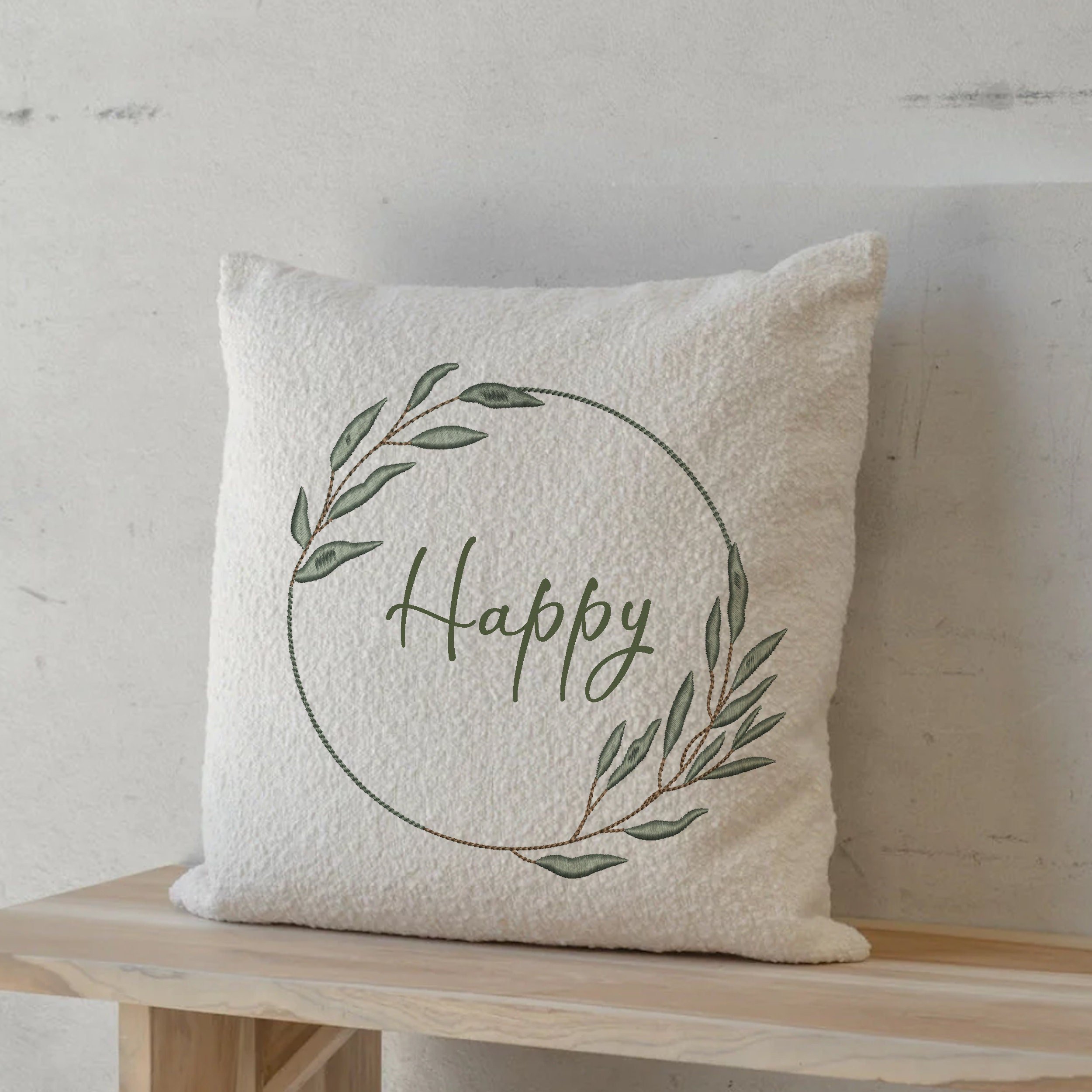 Eucalyptus Laurel Wreath and Branches Machine Embroidery Designs embroidered on a pillow