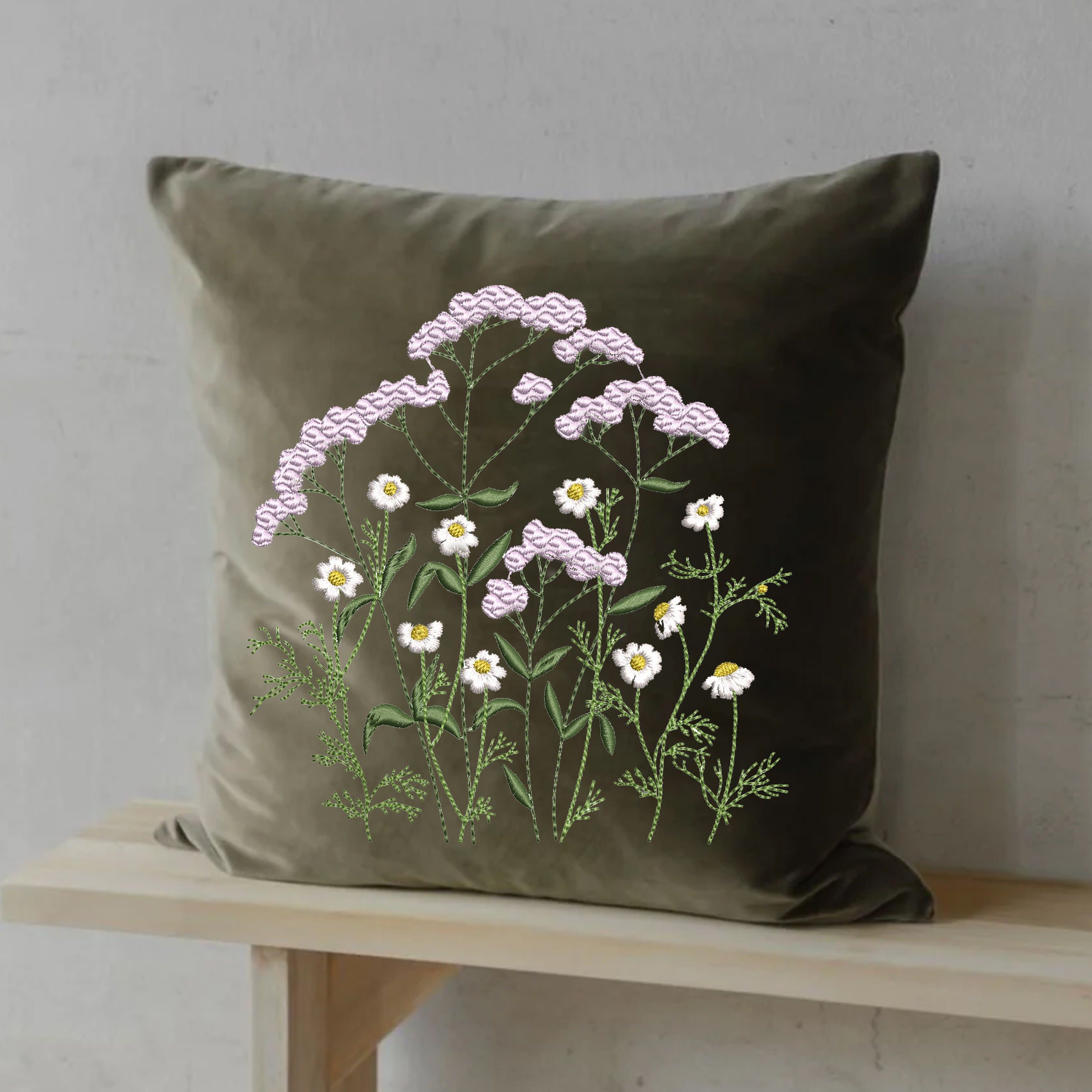 Queen Anne's Lace Flower and Chamomile Machine Embroidery Design Pattern embroidered on a pillow