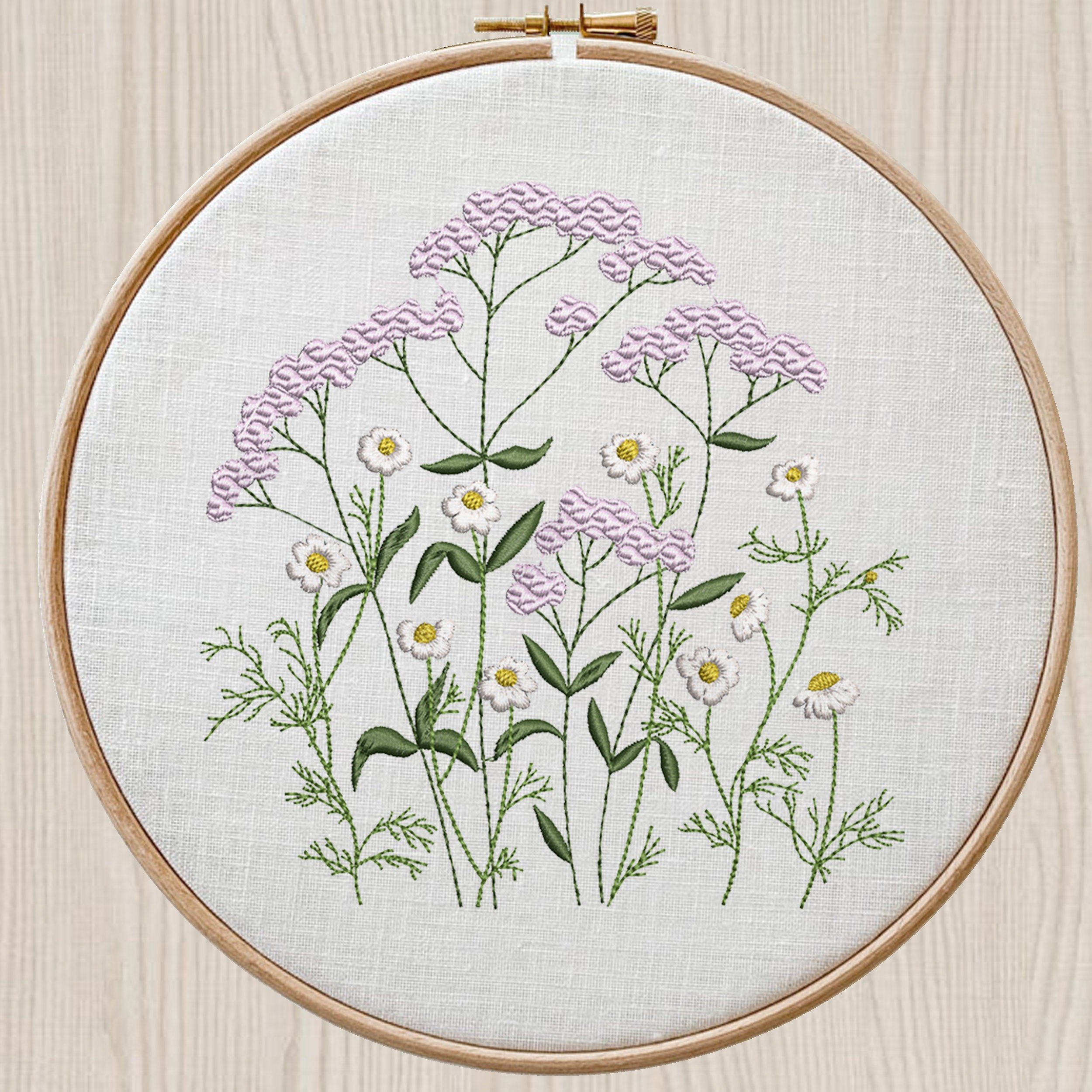 Queen Anne's Lace Flower and Chamomile Machine Embroidery Design Pattern embroidered on a hoop