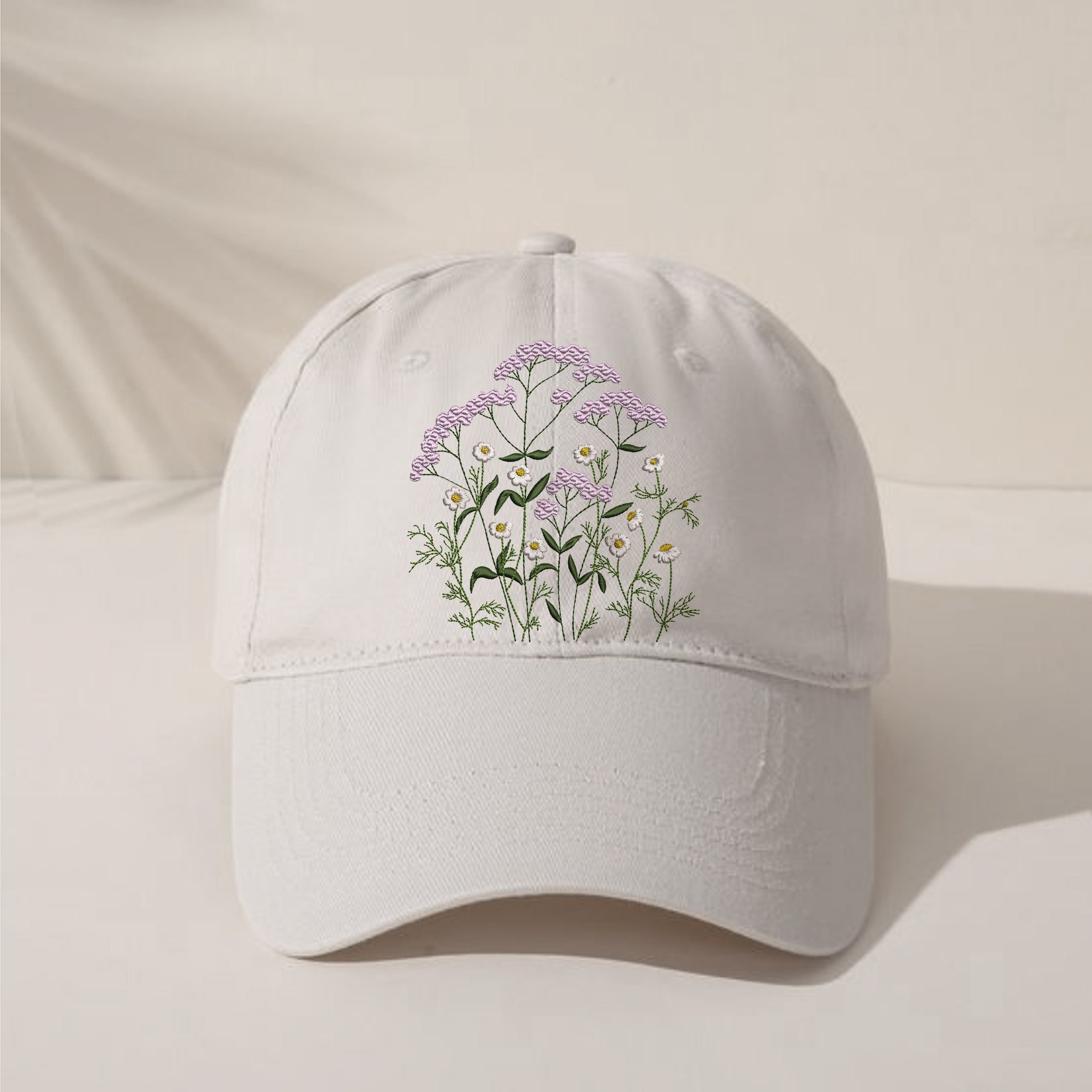 Queen Anne's Lace Flower and Chamomile Machine Embroidery Design Pattern embroidered on a hat