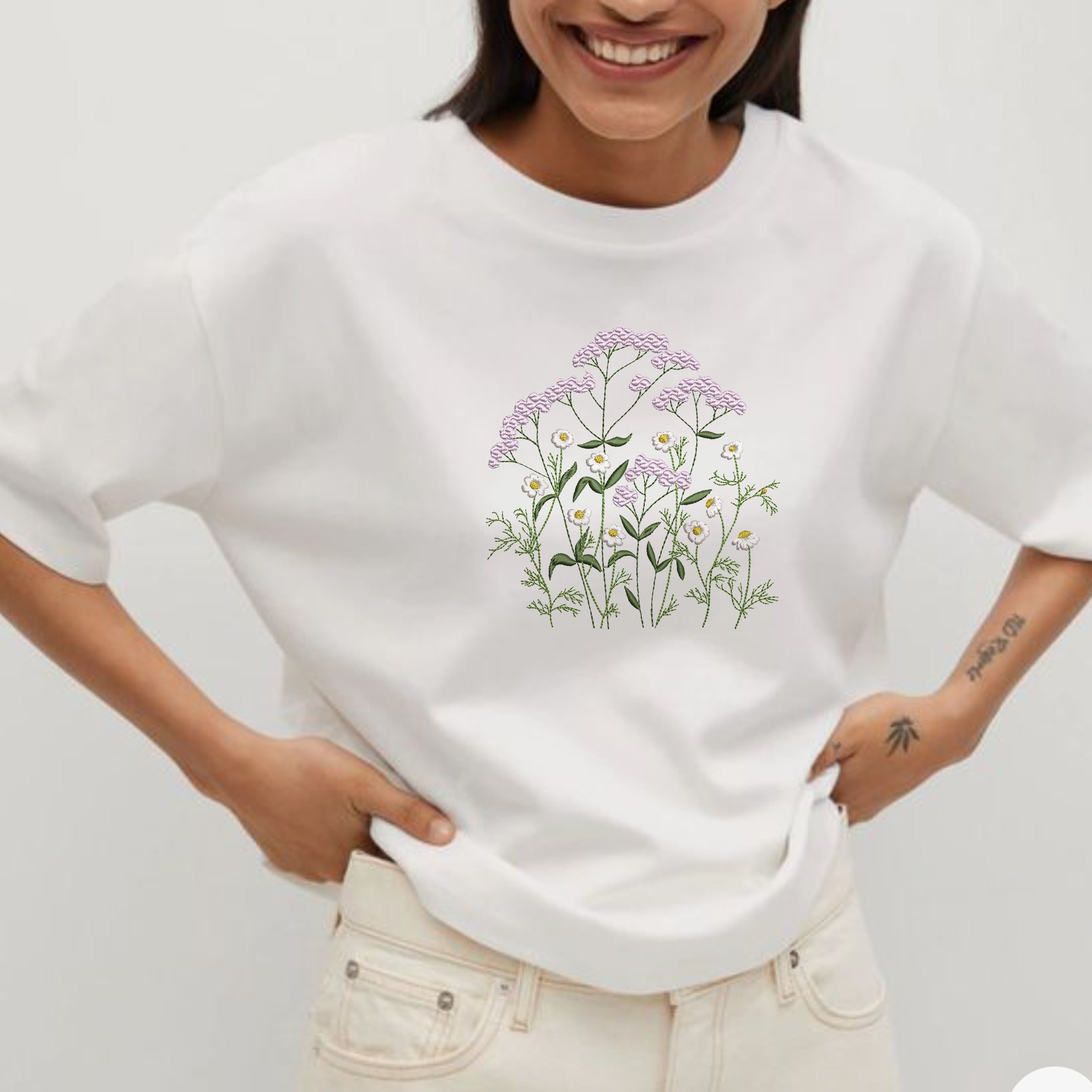Queen Anne's Lace Flower and Chamomile Machine Embroidery Design Pattern embroidered on a t-shirt