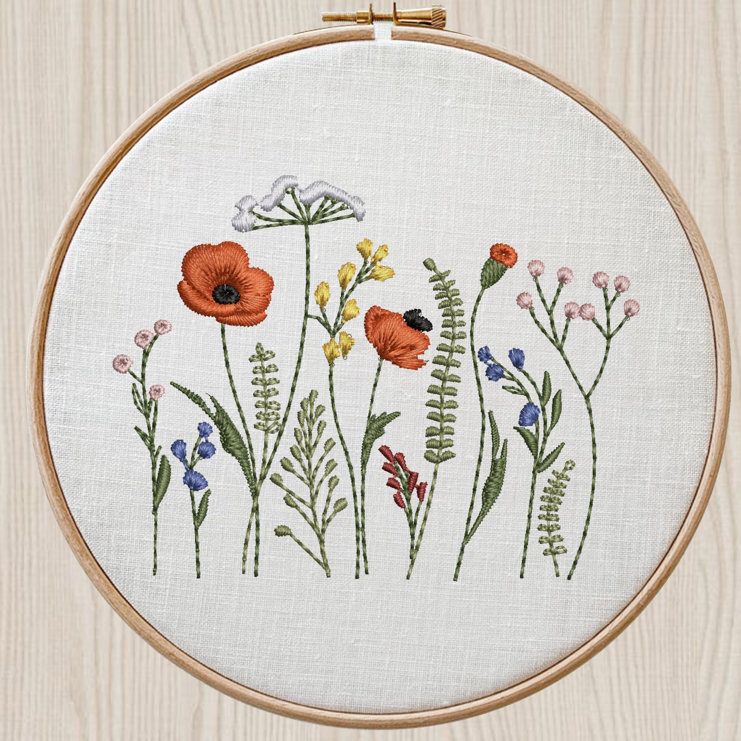 Cowgirl Wildflower Meadow Machine Embroidery Design embroidered on a hoop