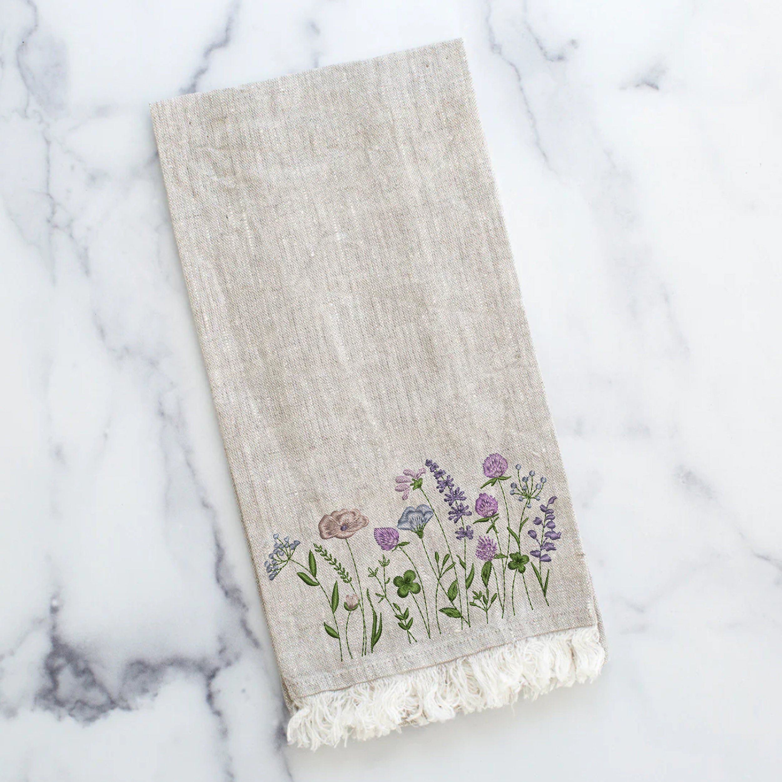 Clover Flower Garden Machine Embroidery Design embroidered on a tea towel