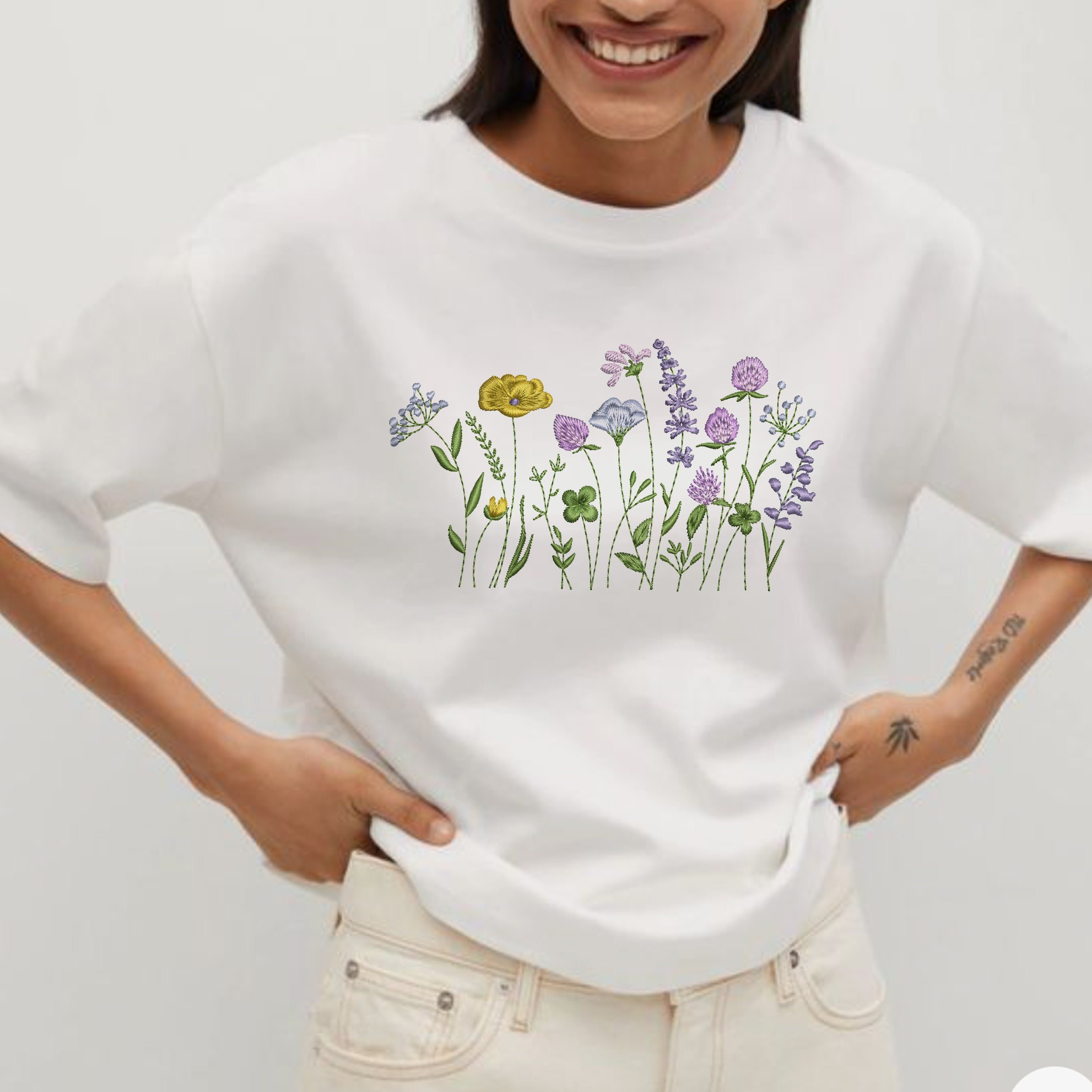 Clover Flower Garden Machine Embroidery Design embroidered on a t-shirt