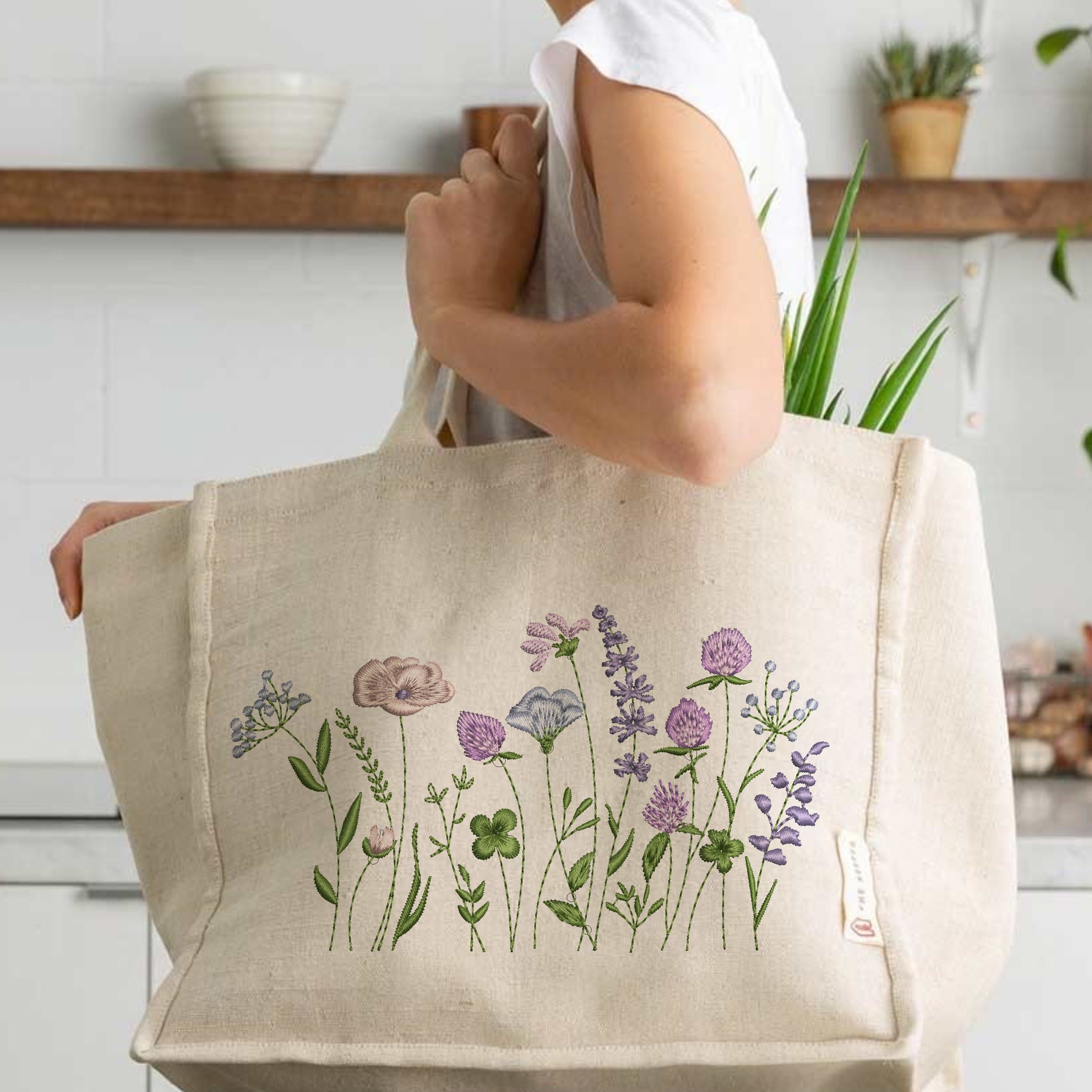 Clover Flower Garden Machine Embroidery Design embroidered on a handbag