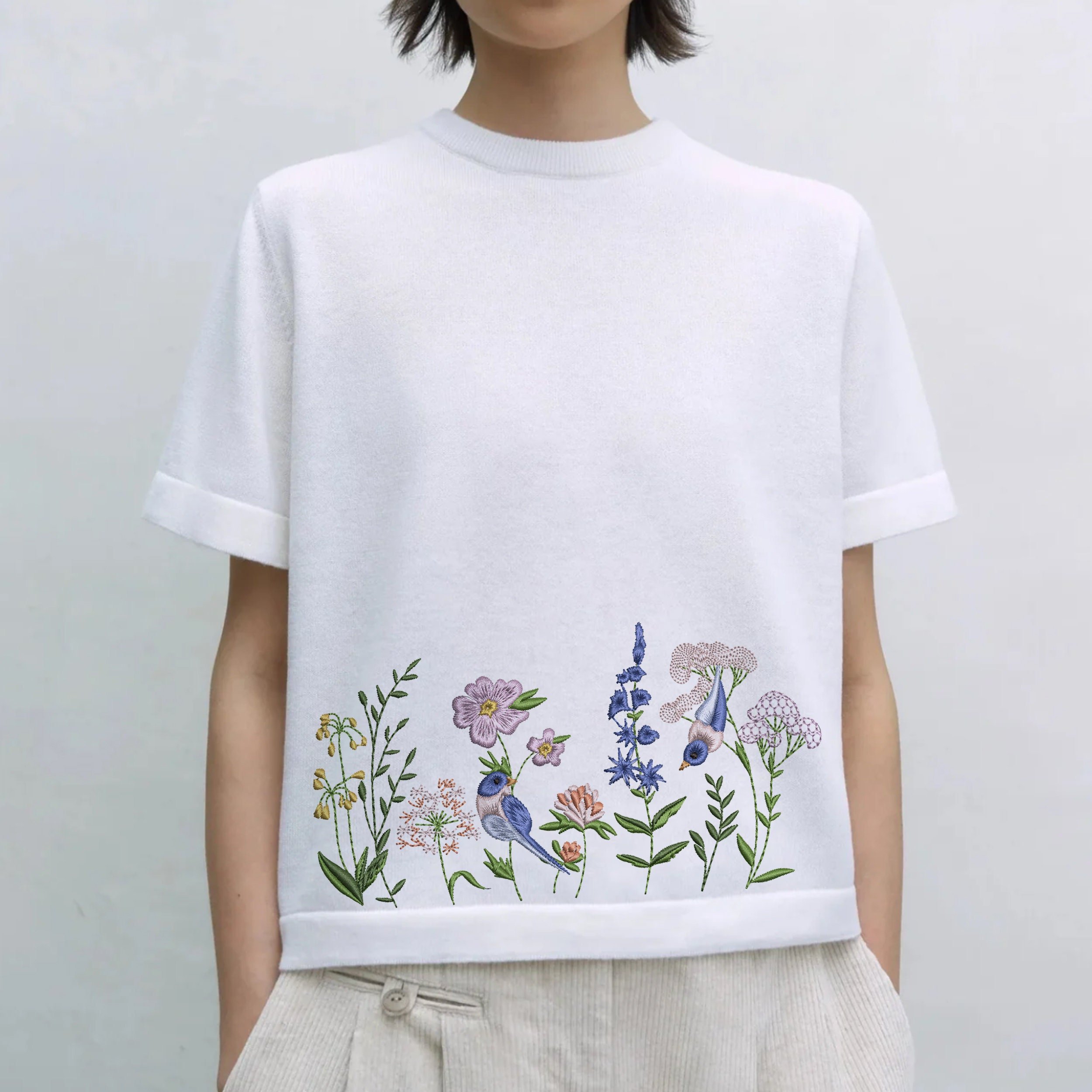 Flower Bird Garden Machine Embroidery Design embroidered on a blouse
