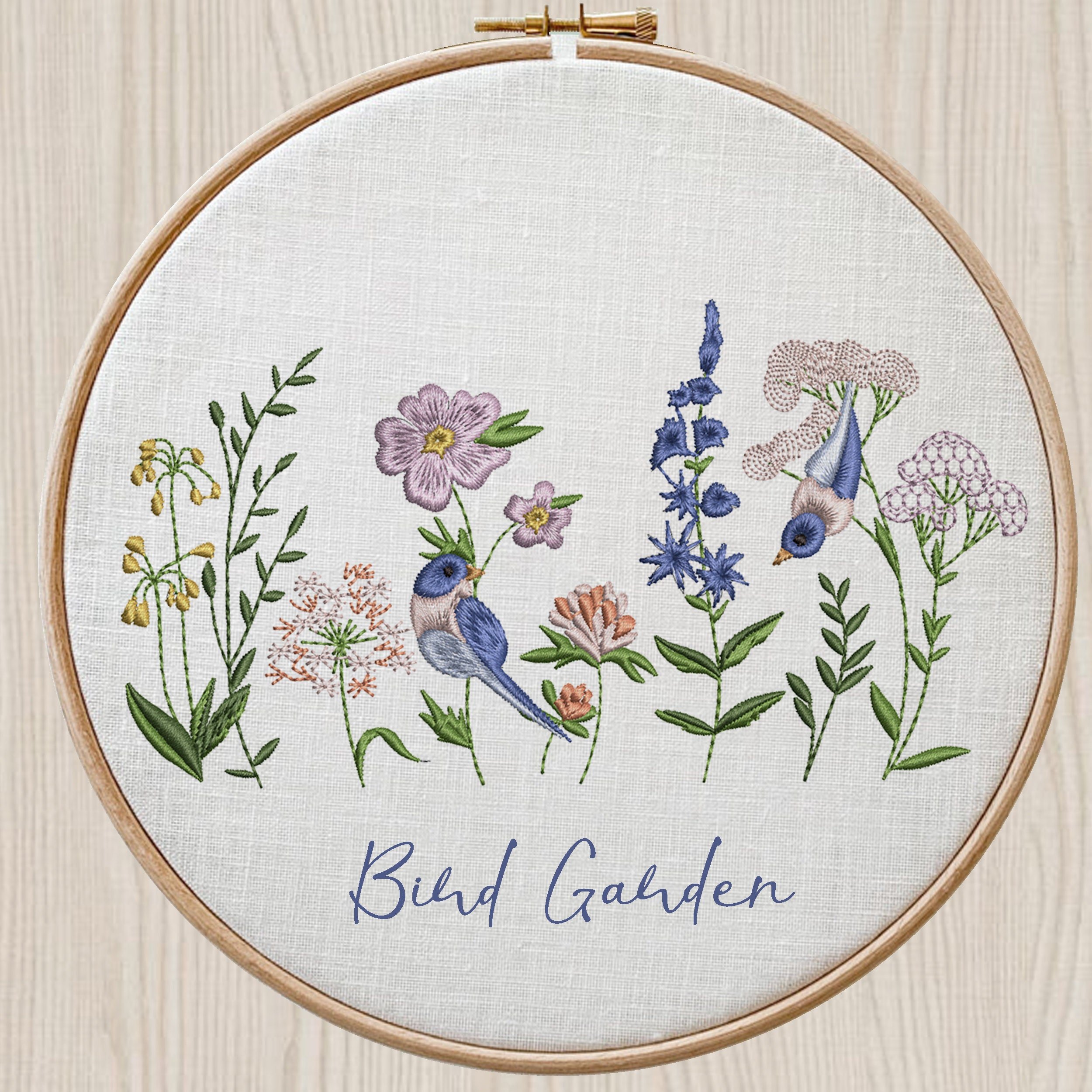 Flower Bird Garden Machine Embroidery Design embroidered on a hoop