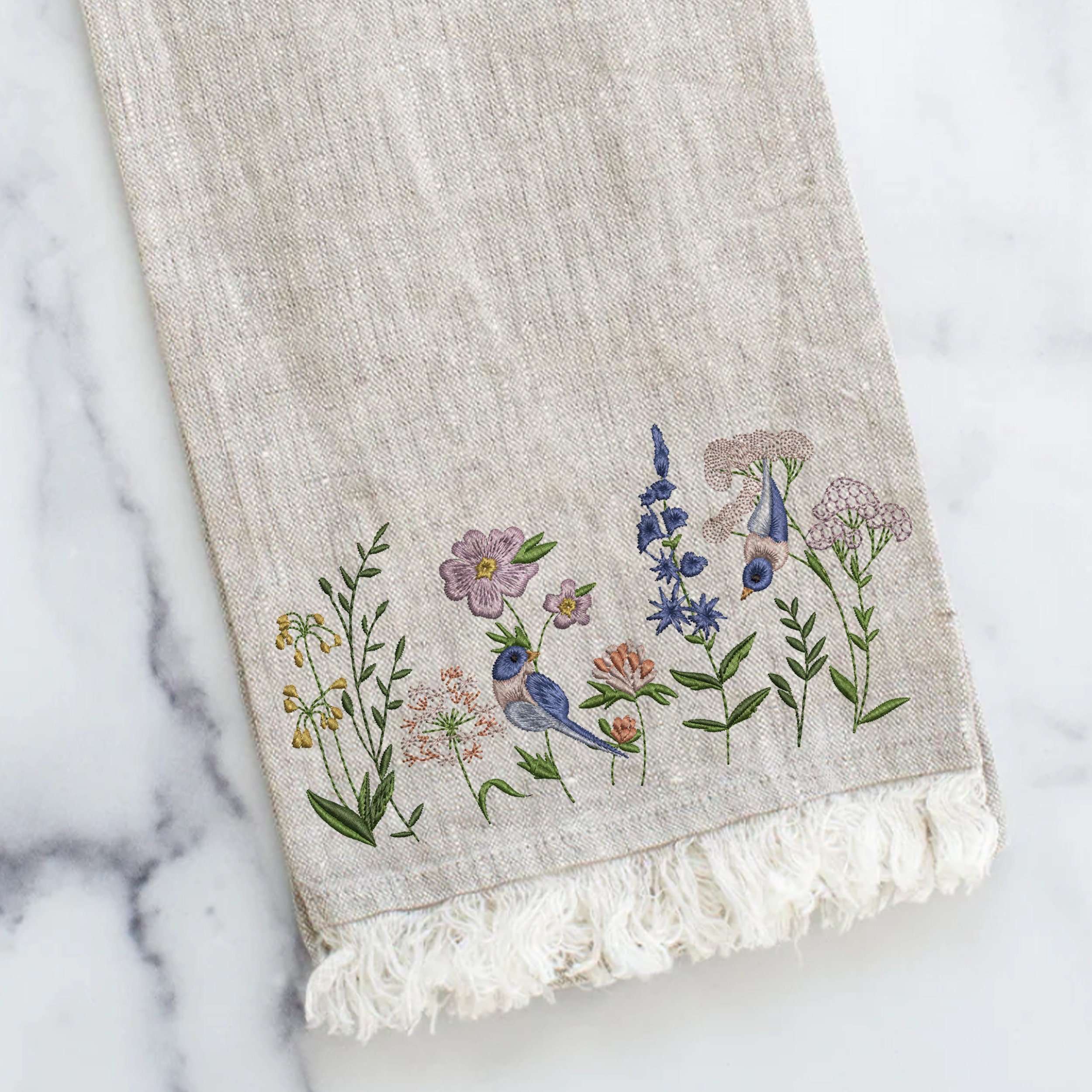 Flower Bird Garden Machine Embroidery Design embroidered on a towel
