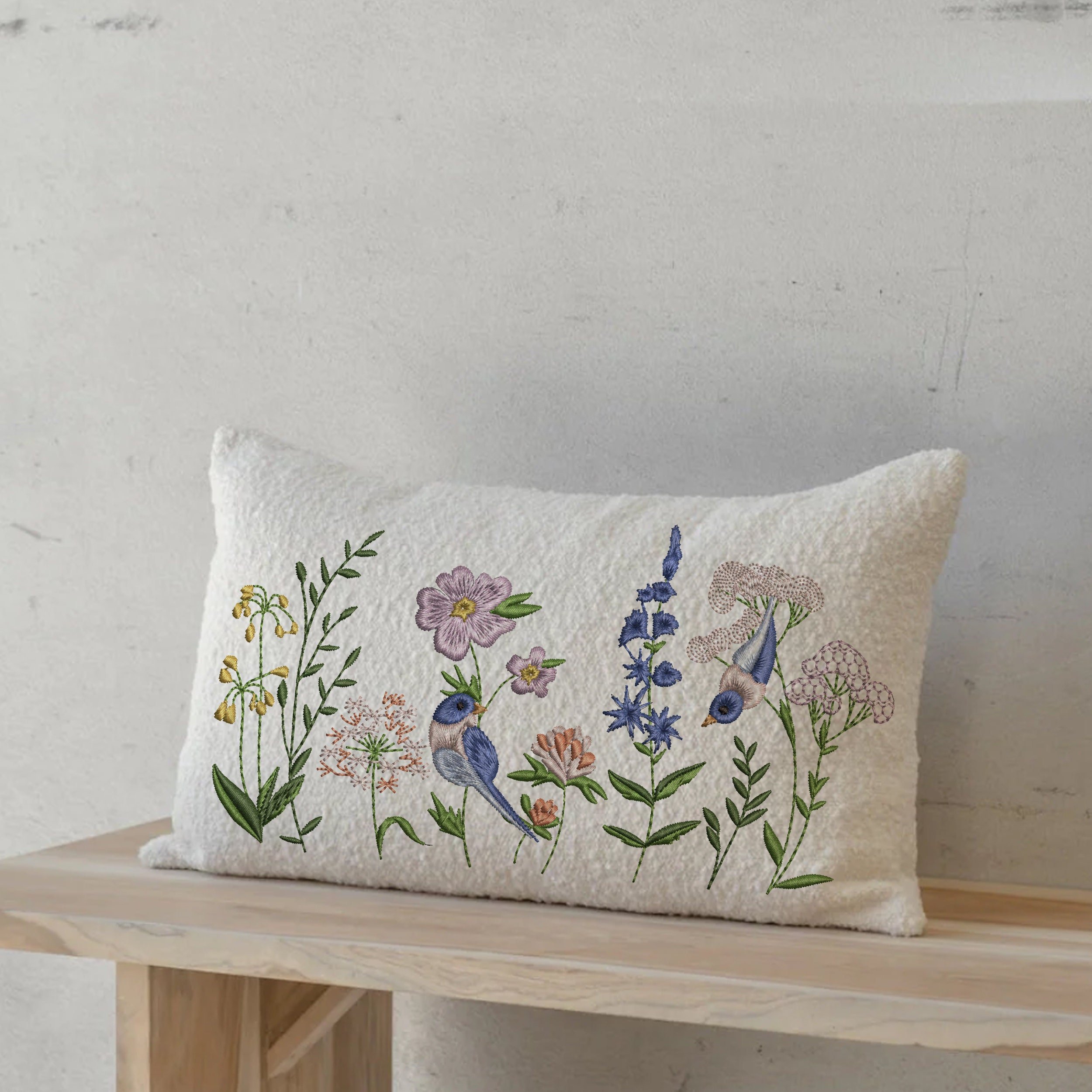 Flower Bird Garden Machine Embroidery Design embroidered on a pillow