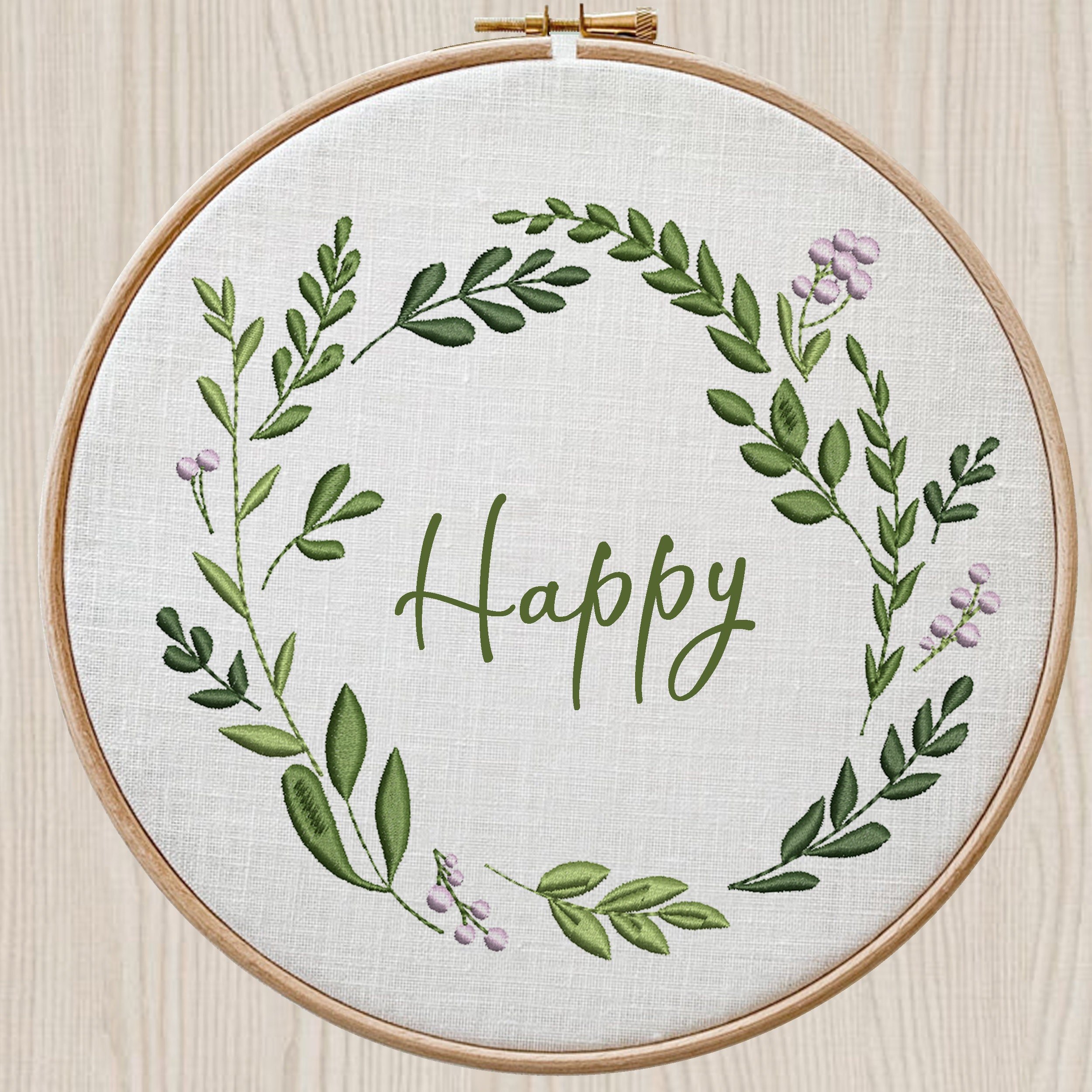 Happy Wreath and Border Machine Embroidery Design embroidered on a hoop