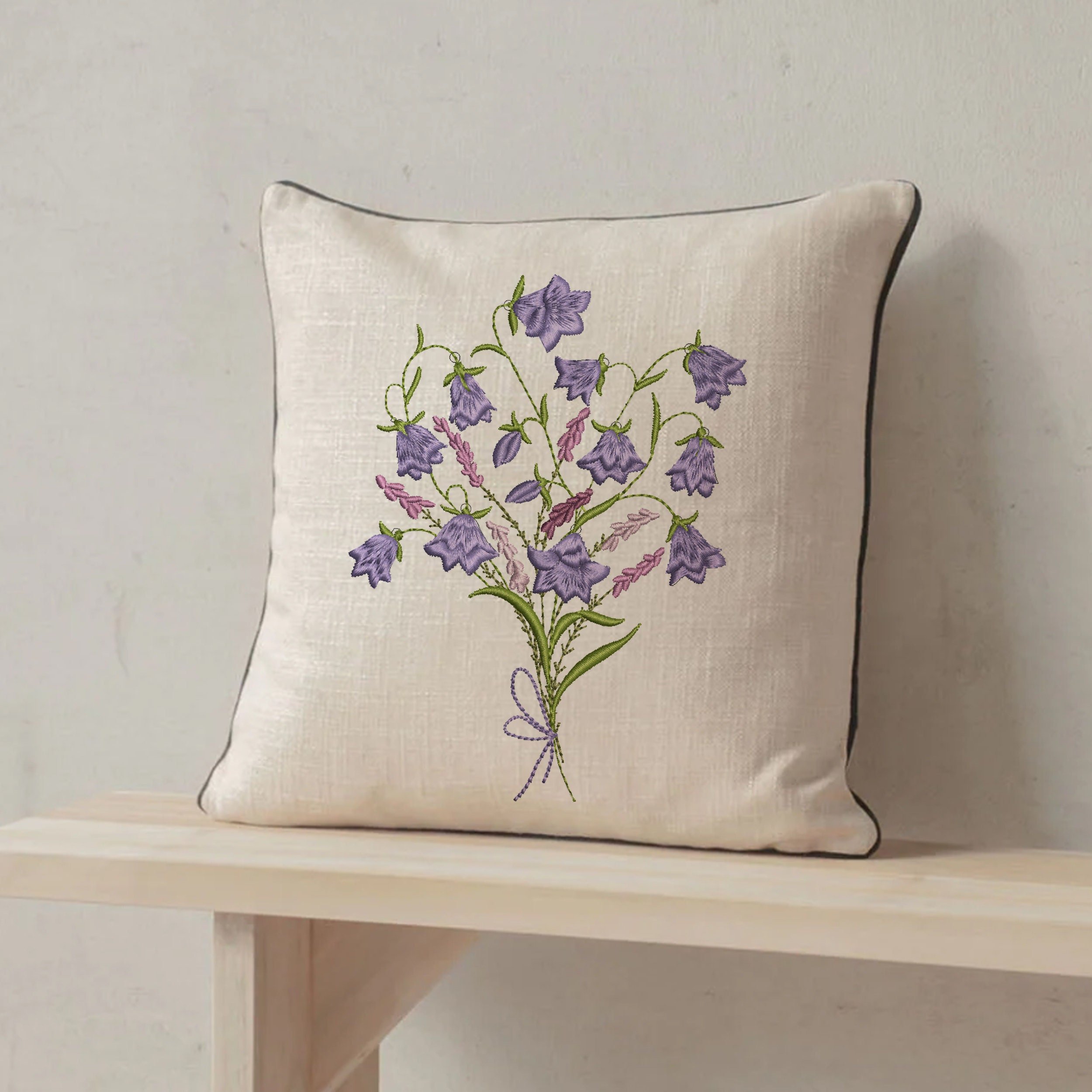 Harebells and Heather Flower Bouquet Machine Embroidery Design on a pillow