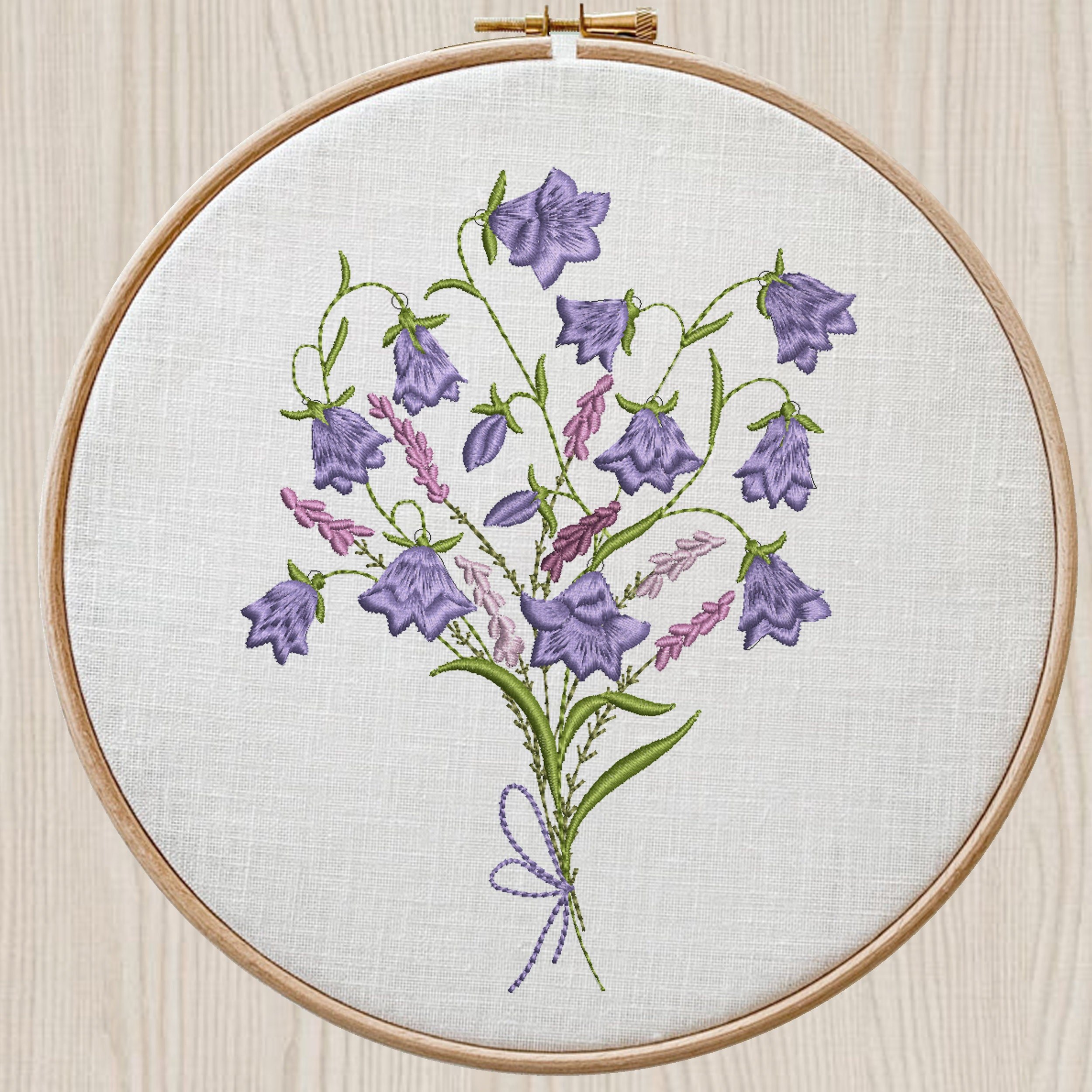 Harebells and Heather Flower Bouquet Machine Embroidery Design embroidered on a hoop