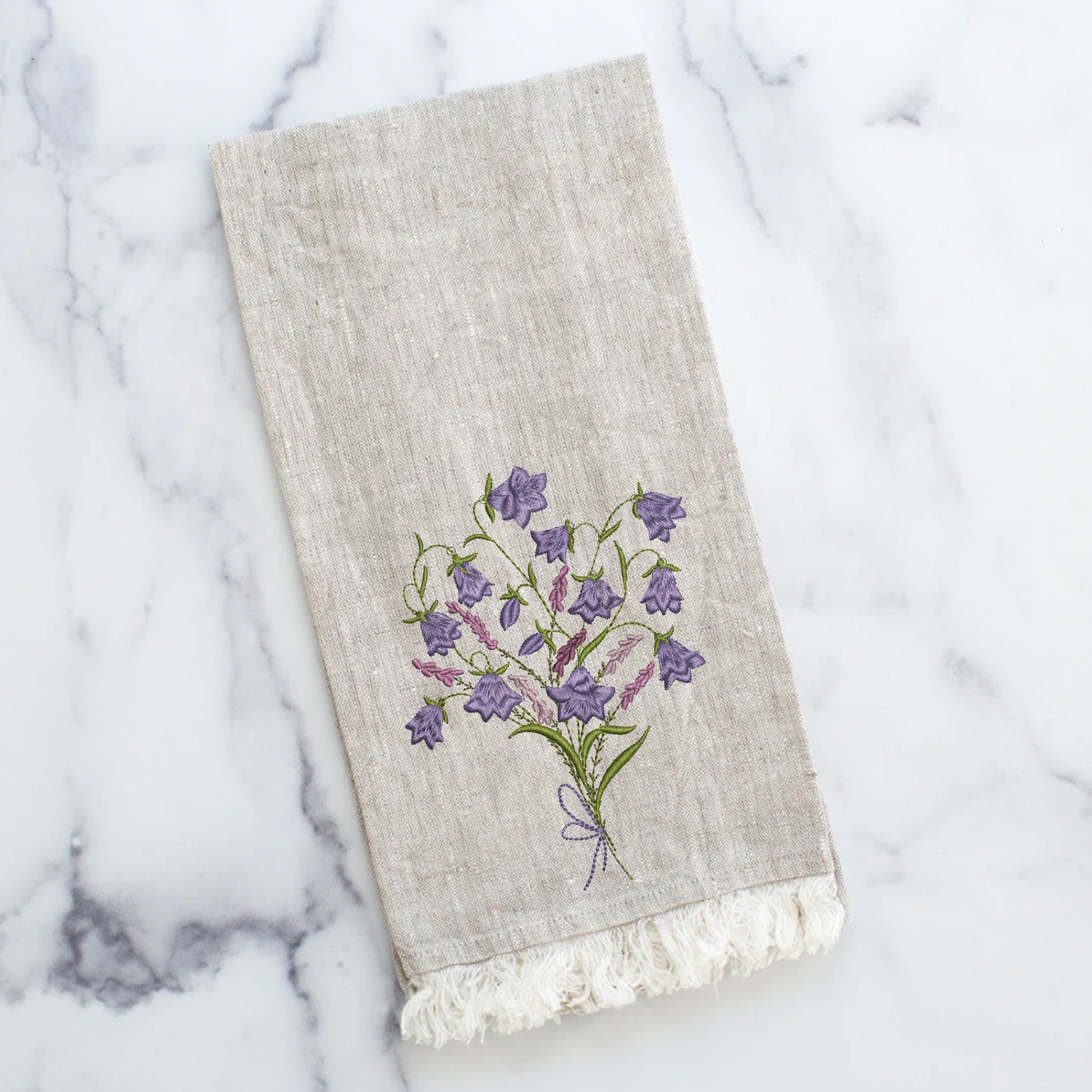 Harebells and Heather Flower Bouquet Machine Embroidery Design embroidered on a tea towel