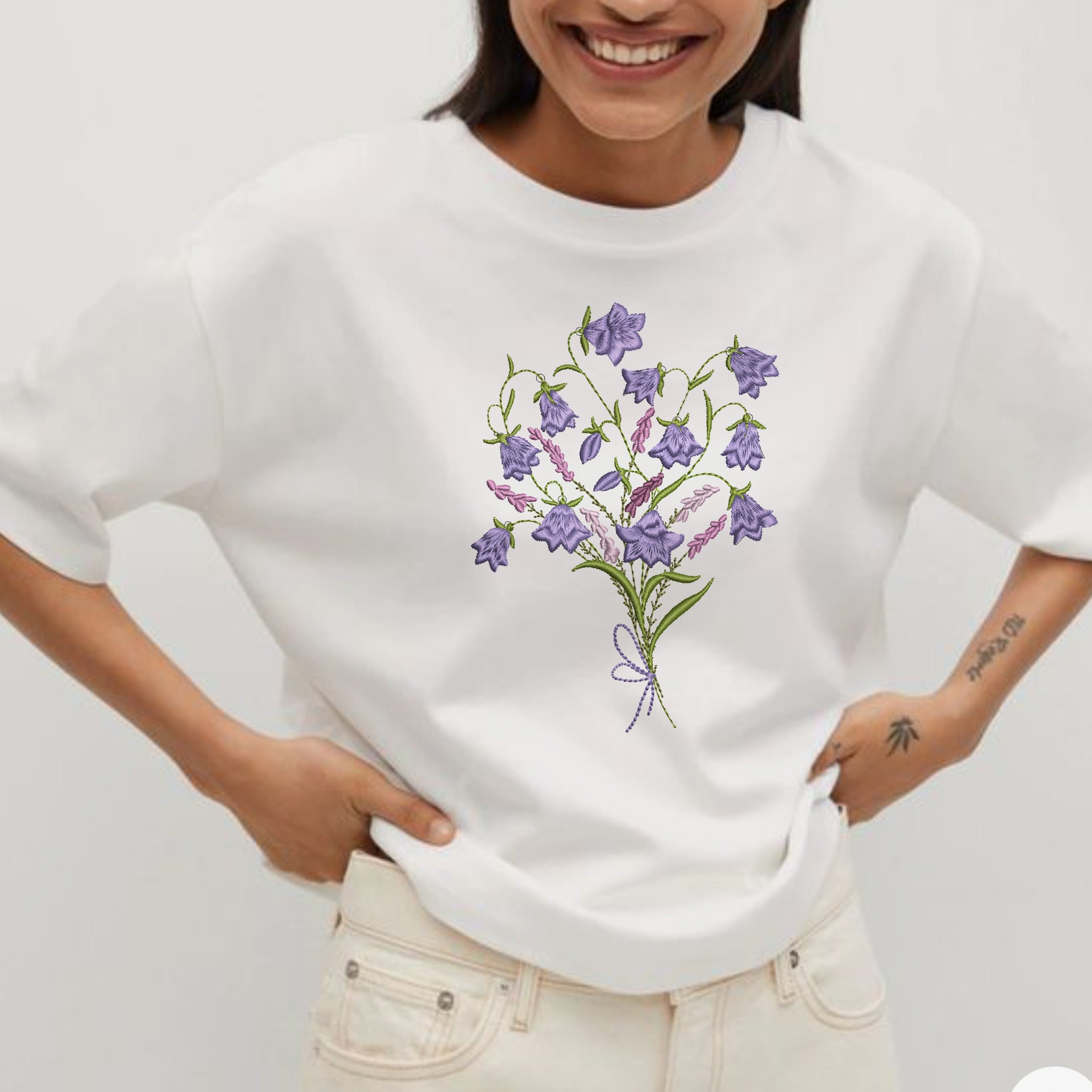 Harebells and Heather Flower Bouquet Machine Embroidery Design embroidered on a t-shirt