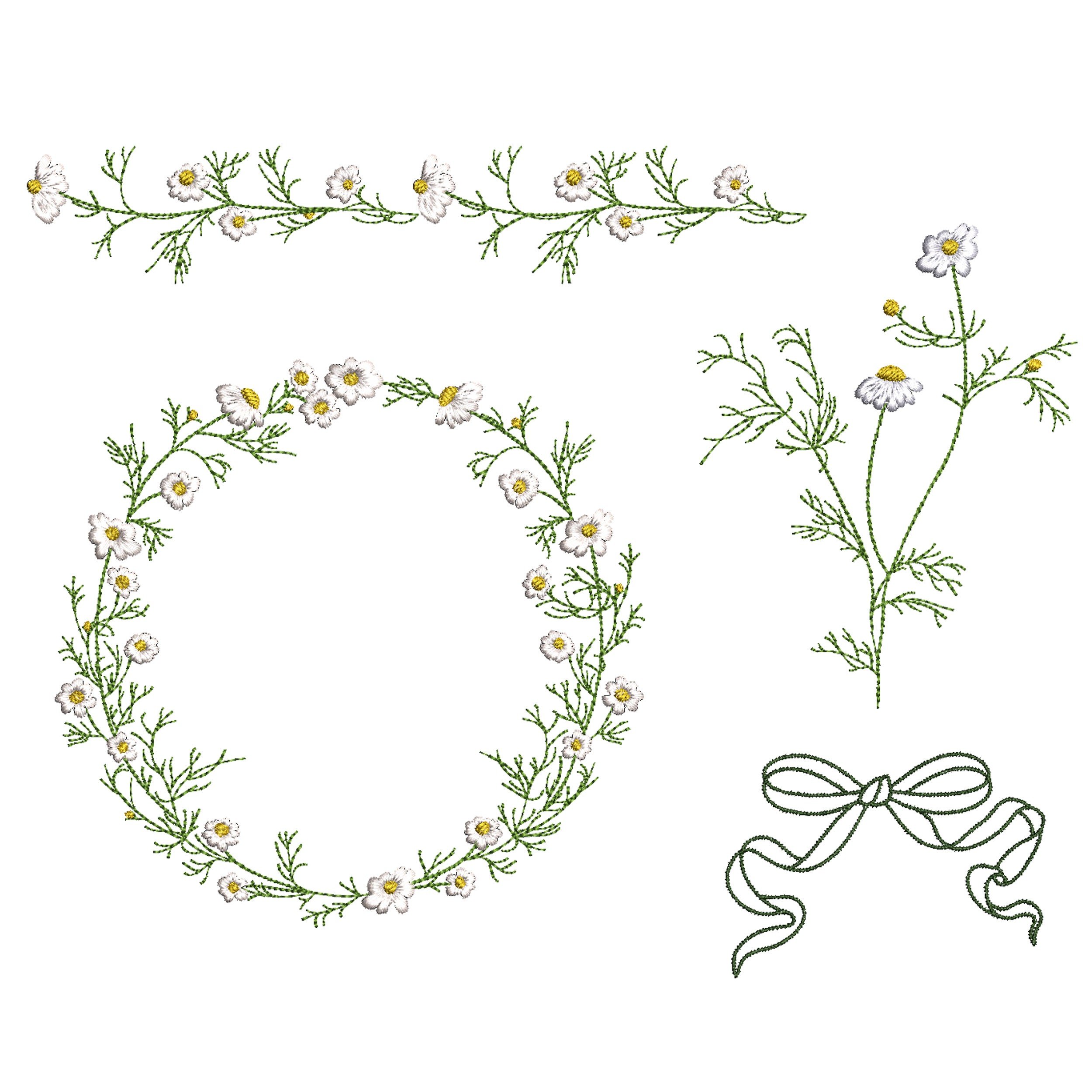 Chamomile Wreath and Border Machine Embroidery Design Bundle