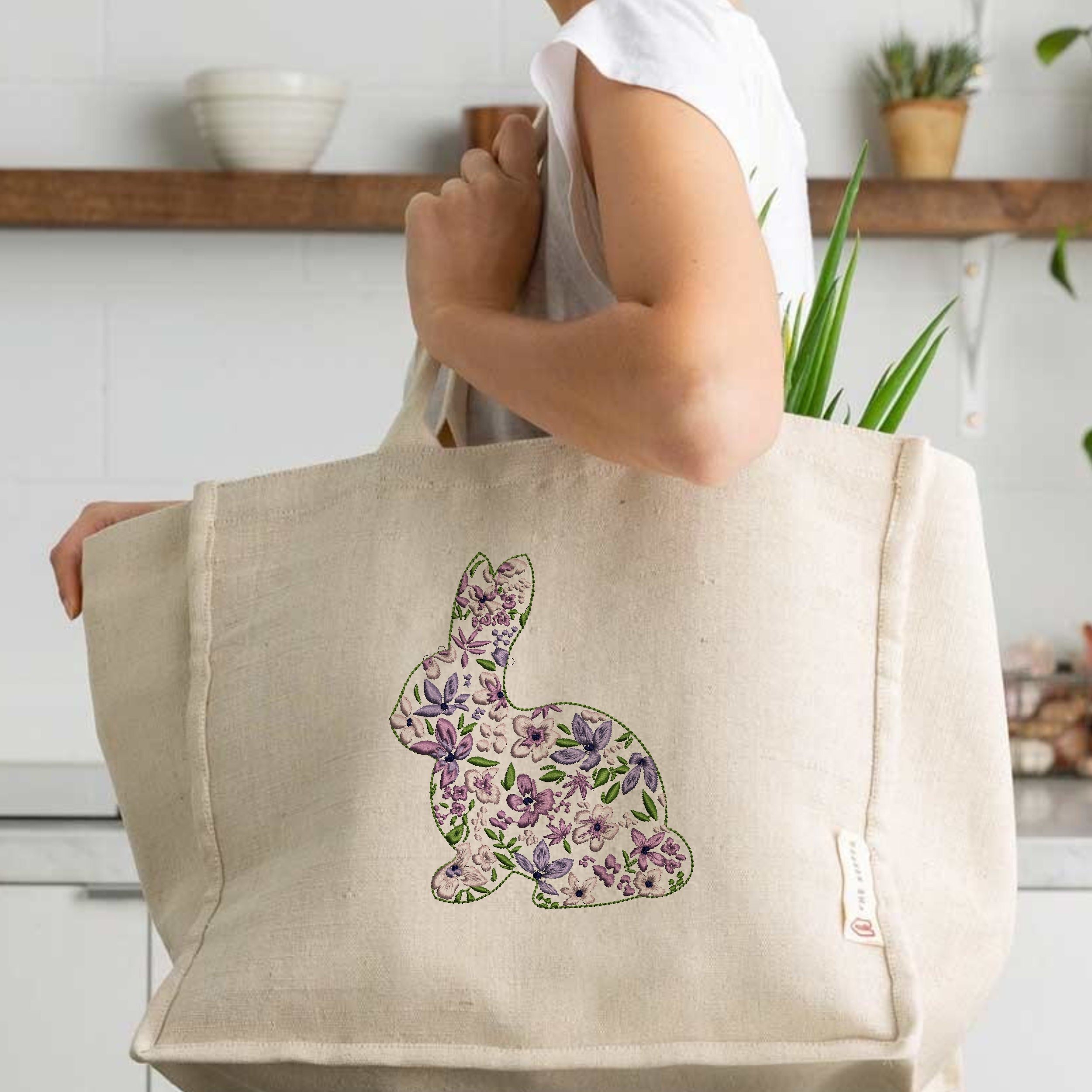 Floral Easter Bunny Machine Embroidery Design Zip File embroidered on a handbag