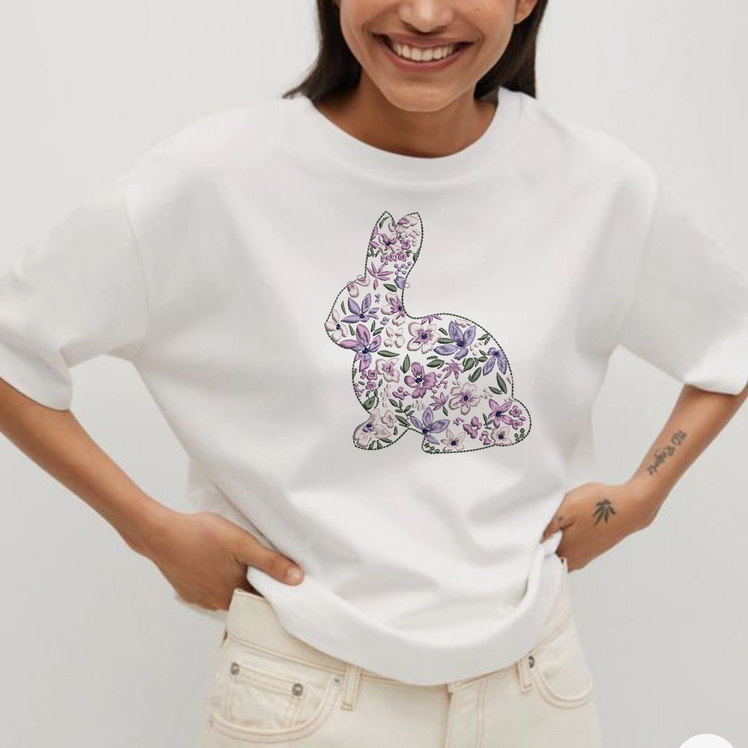 Floral Easter Bunny Machine Embroidery Design Zip File embroidered on a t-shirt