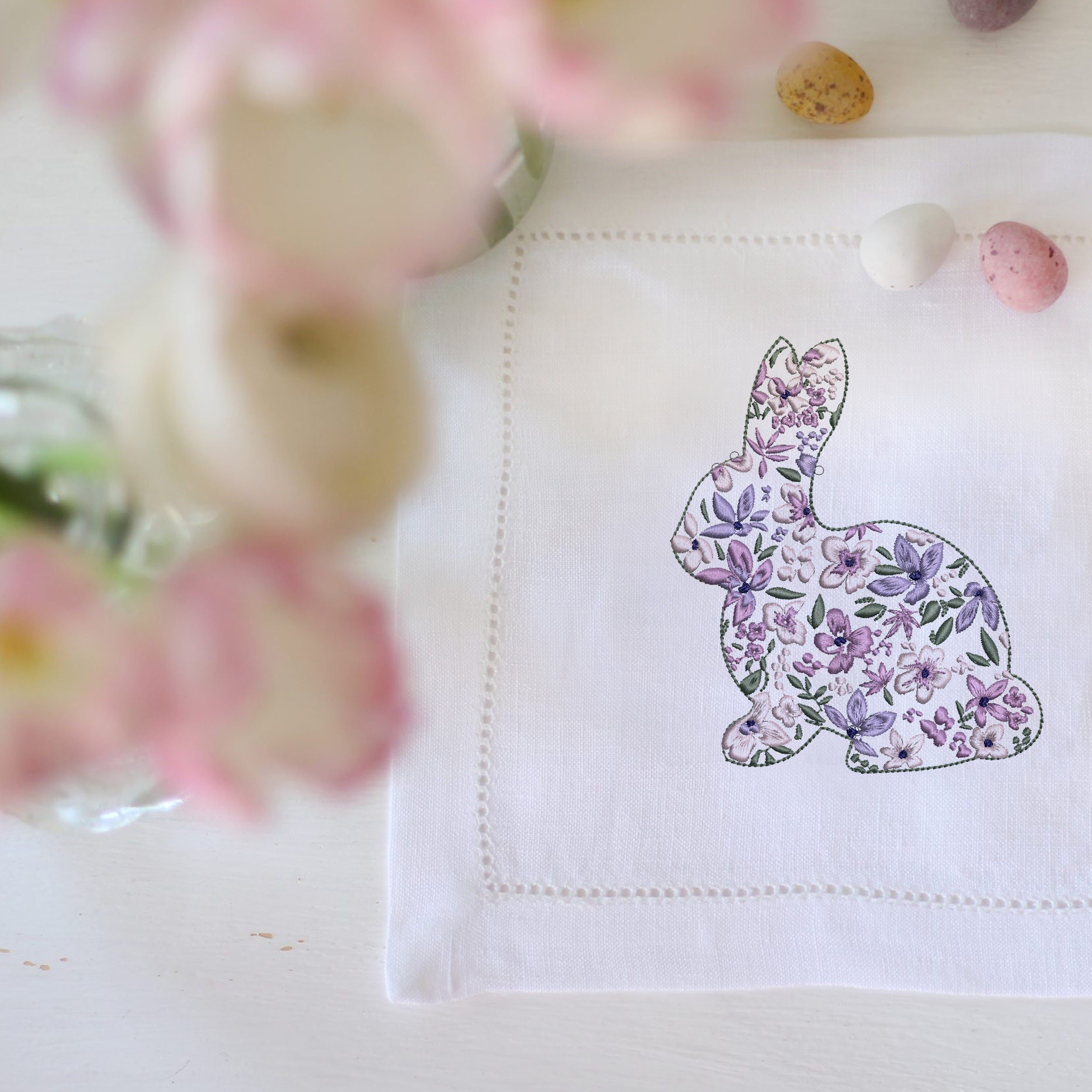 Floral Easter Bunny Machine Embroidery Design Zip File embroidered on a towel