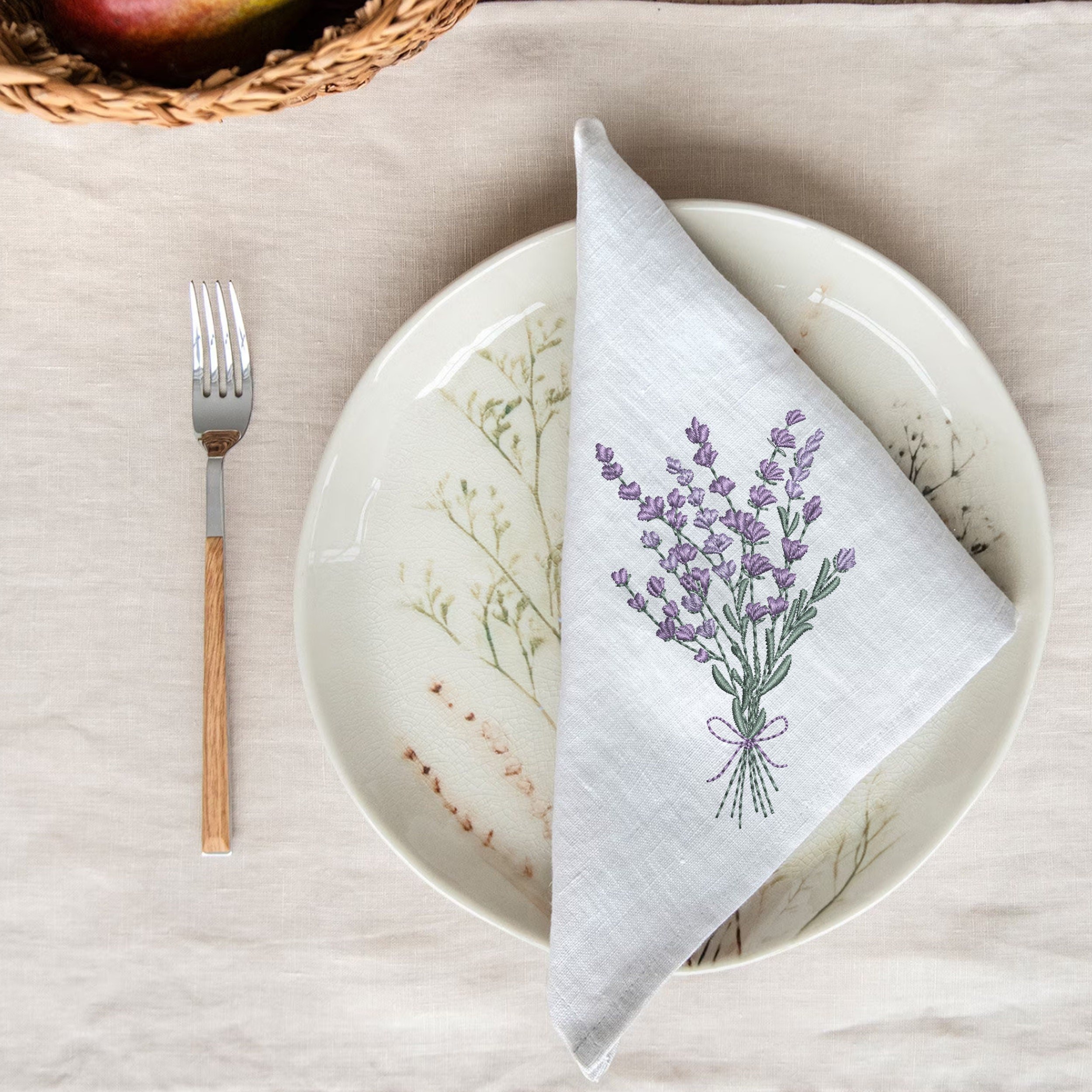 Lavender Flower Bouquet Machine Embroidery Design embroidered on a napkin
