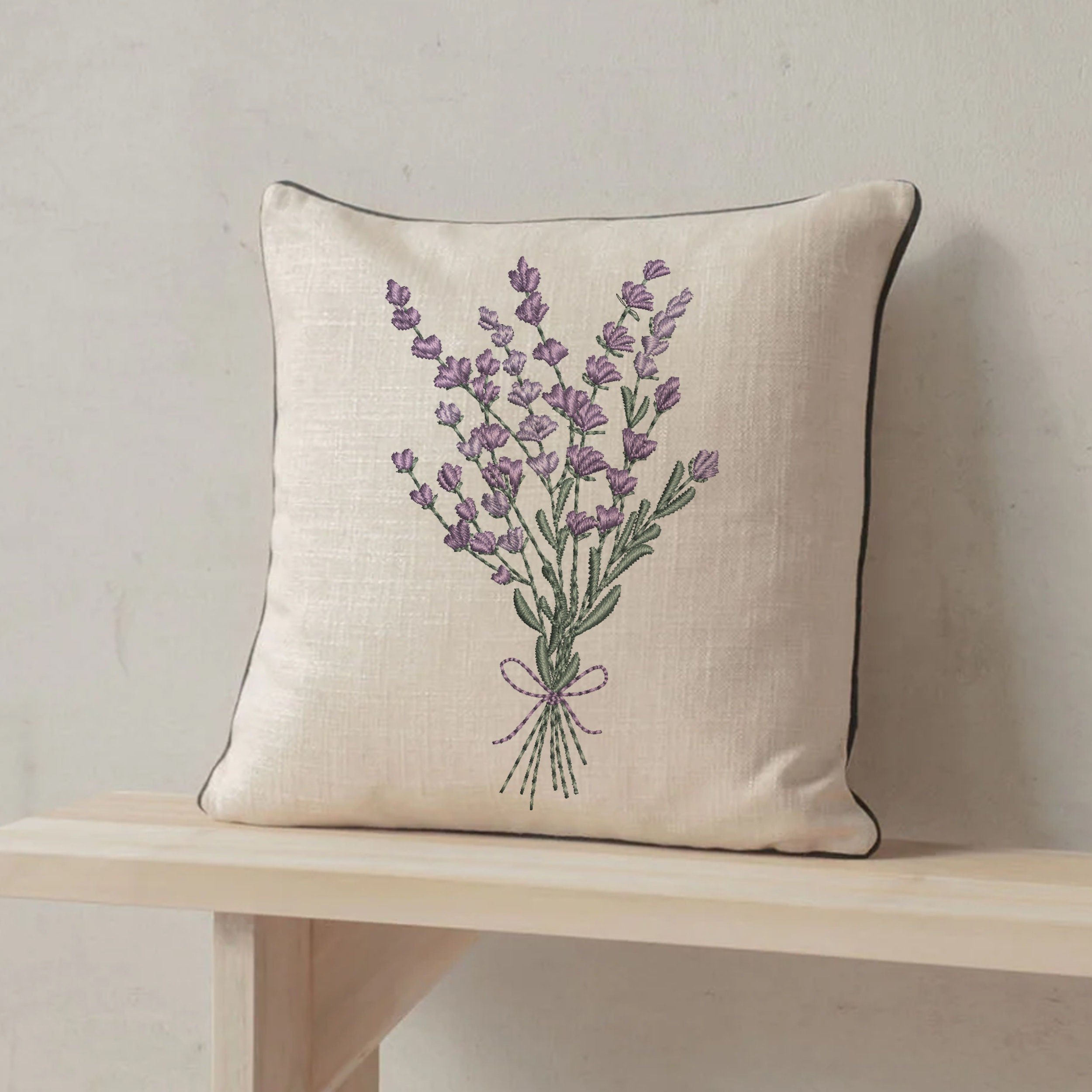Lavender Flower Bouquet Machine Embroidery Design embroidered on a pillow