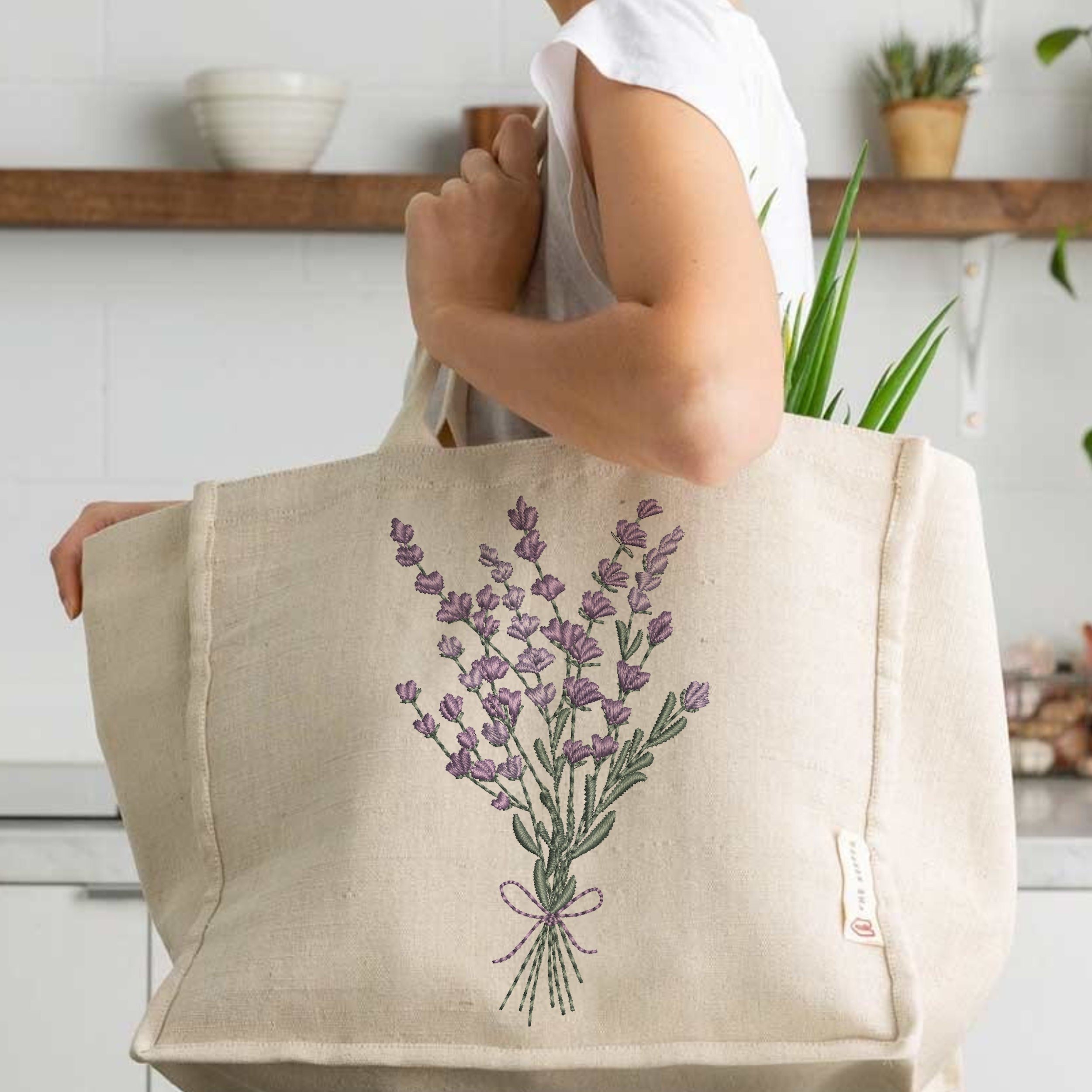 Lavender Flower Bouquet Machine Embroidery Design embroidered on a handbag