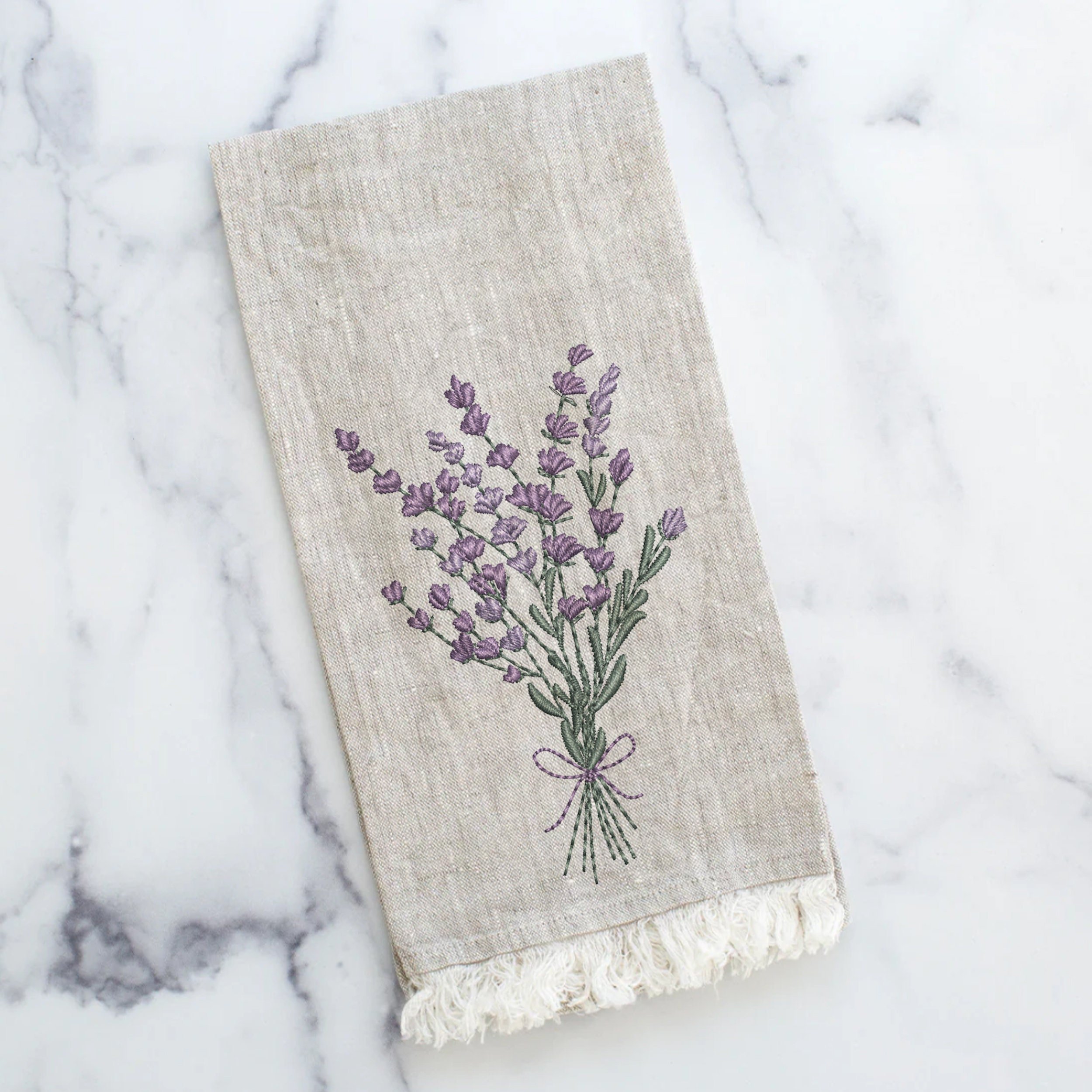 Lavender Flower Bouquet Machine Embroidery Design embroidered on a tea towel