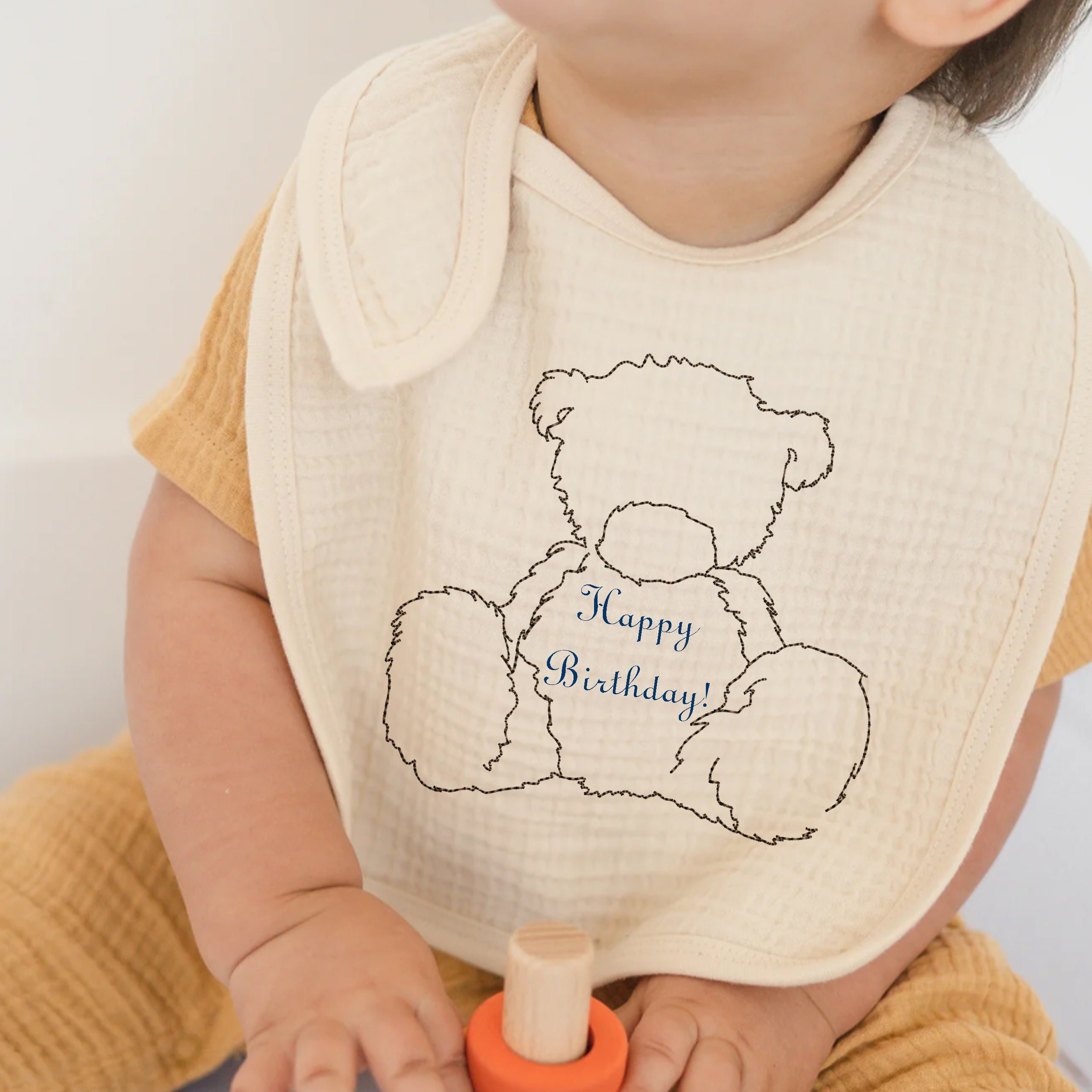 Birthday Teddy Bear Machine Embroidery Design File embroidered on a bib